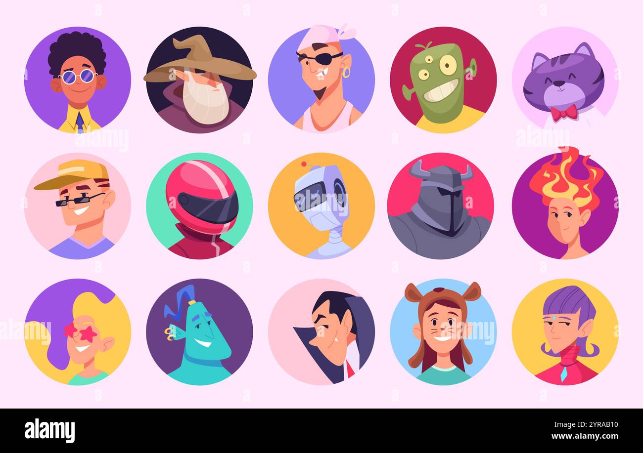 Web-Avatar. Emoticons mit lustigen Gesichtern märchenhafte Kreaturen Tiere Maskottchen von Spielen Fantasy Personen gruselige Masken exakte Vektoravatare werden eingesetzt Stock Vektor