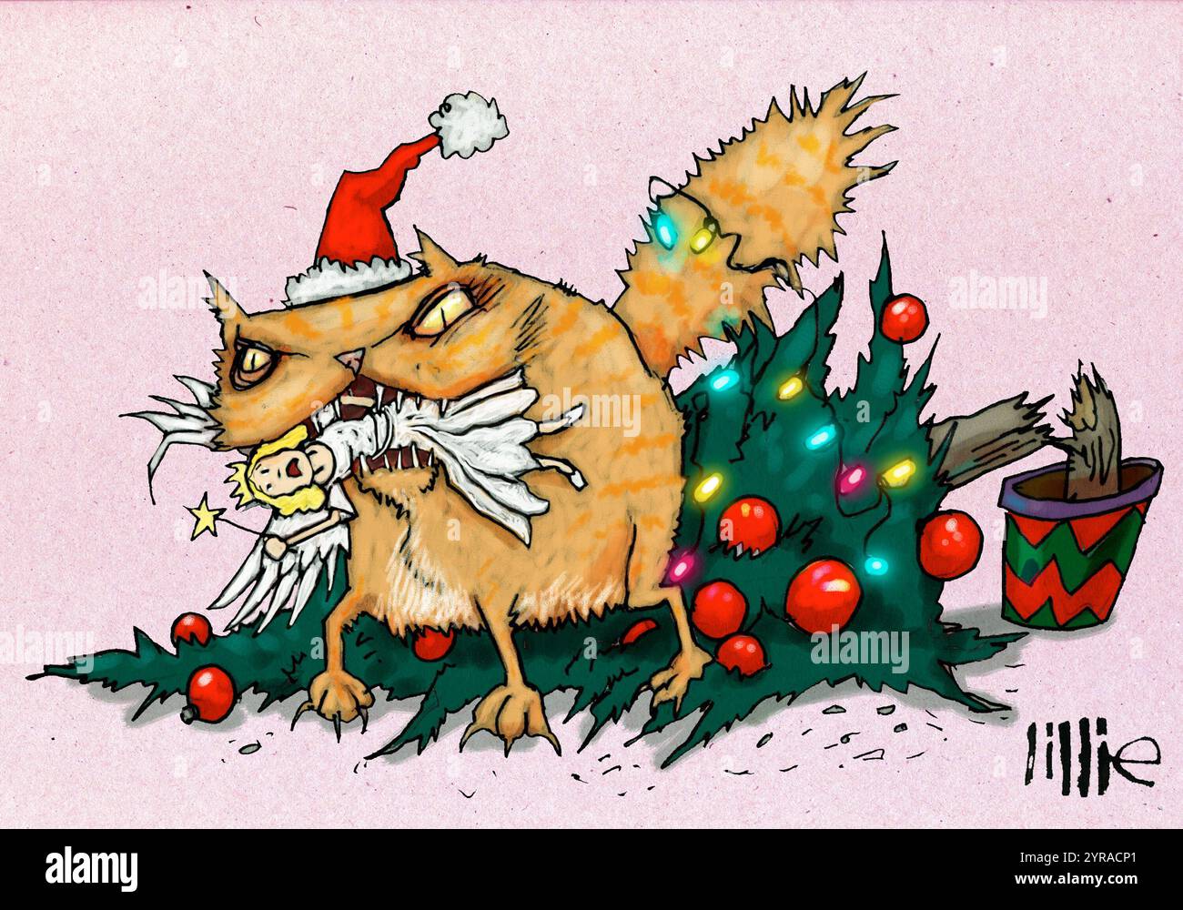 Lustige Karikatur, Katze, trägt Weihnachtsmütze, hat den Baum niedergeschlagen und isst die Fee von oben, Haustier Weihnachten, Katzen-sichere Weihnachten, Katze gegen Baum Stockfoto