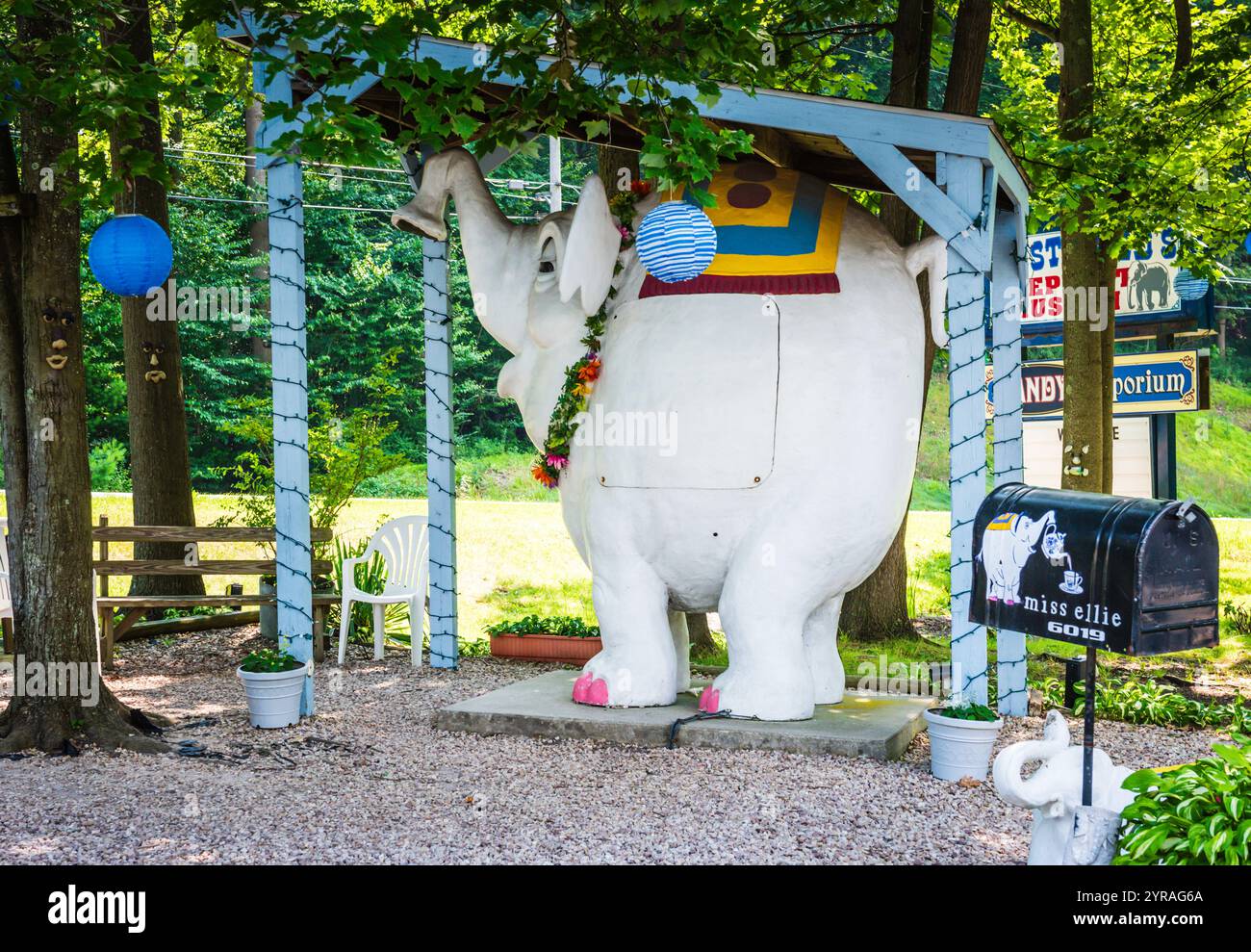 Miss Ellie, der Zirkuselefant, in einem langjährigen Familiengeschäft, das eine riesige Auswahl an Süßigkeiten, hausgemachtem Fudge und ein Teekannen-Museum bietet, ist ungewöhnlich Stockfoto