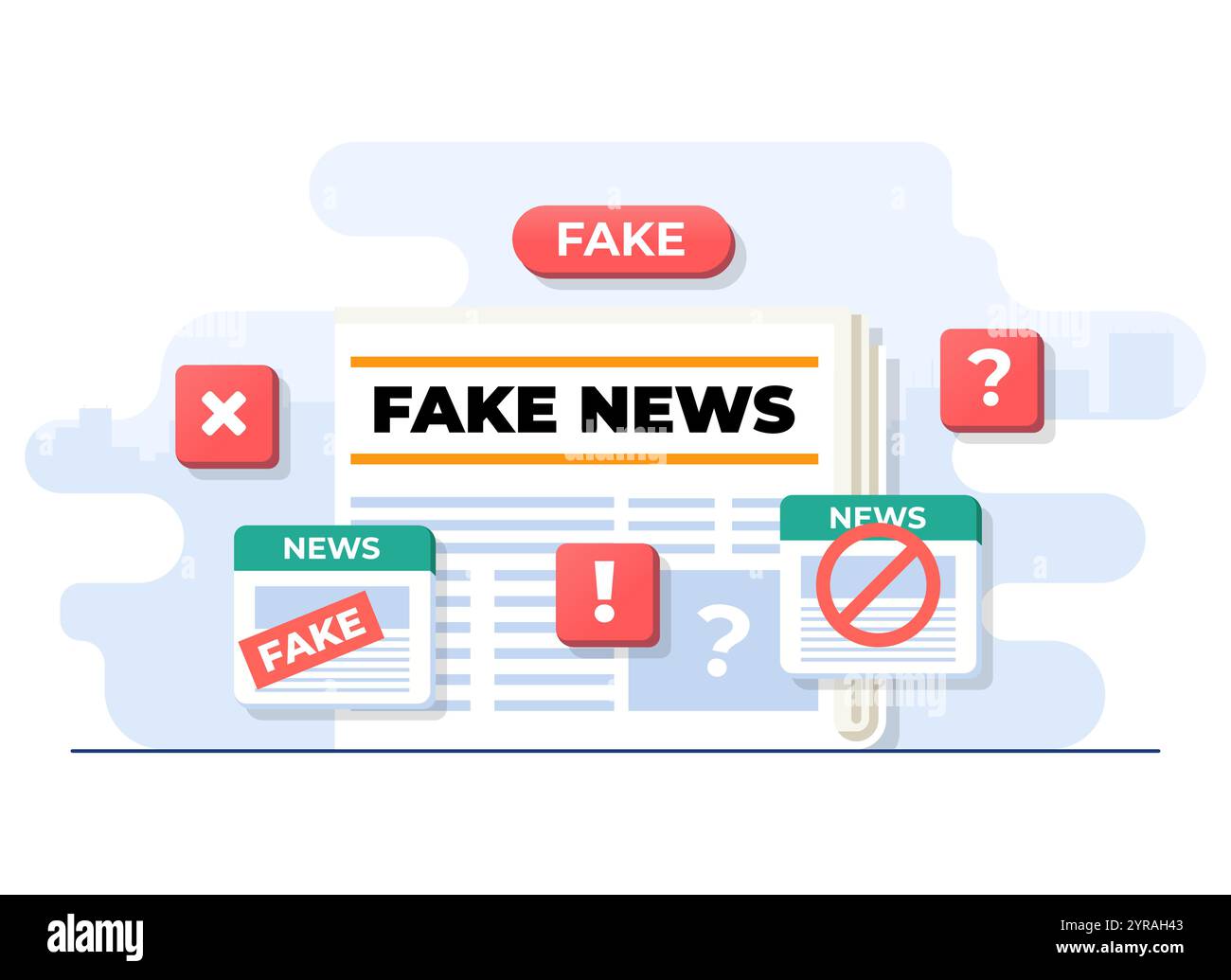 Verbreitung von Fake News Konzept flache Illustration Vektor Vorlage, falsche Information Übertragung, Presse, Junk Nachrichten Inhalt, Desinformation in Zeitung Stock Vektor