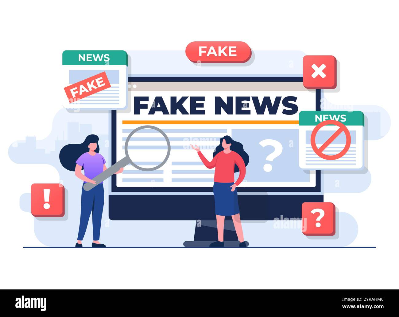 Verbreitung von Fake News Konzept flache Illustration Vektor Vorlage, Leute Charakter Analyse falsche Informationen über Online Nachrichten, Presse, Junk Nachrichten Inhalt, Stock Vektor