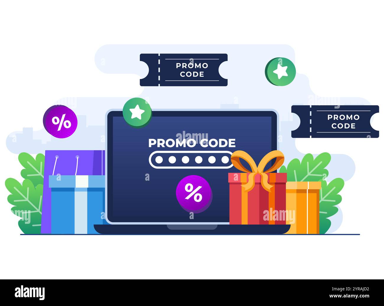 Verwenden Sie den Aktionscode bei der Online-Shopping-Kasse, Rabattcode, Geschenkgutschein, Geschenkkarte, Bonus, Werbekampagne Konzept Vektor flache Illustration für W Stock Vektor