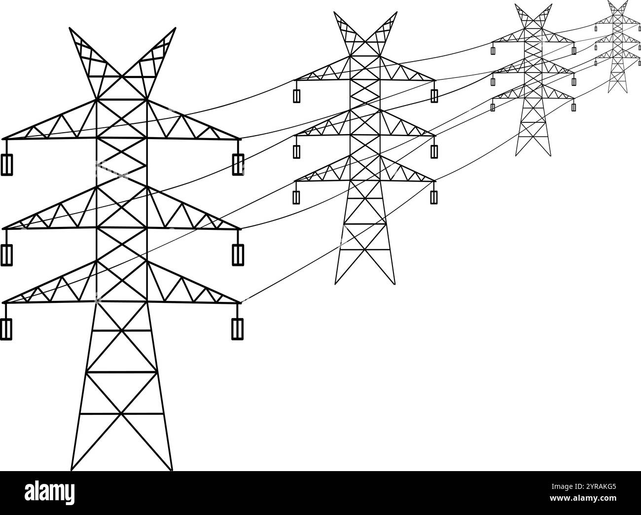 Spannungskabel. Elektrische Stromleitung in der Entfernung, Stromübertragung. Isolierte Energiesystemmasten für moderne Dörfer oder Städte, heute Vektor Stock Vektor