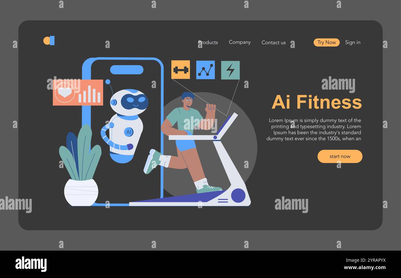 KI-Fitnesskonzept. Mann, der auf einem Laufband mit einem Robotermonitor joggt, in einer technisch inspirierten Workout-Szene. Intelligente Technologie in Gesundheit und Bewegung. Vektorabbildung. Stock Vektor
