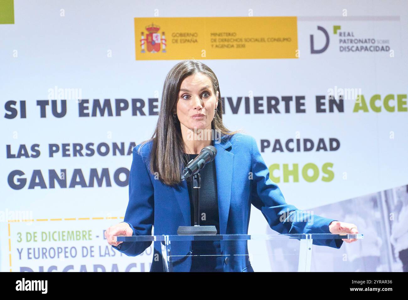 Madrid, Spanien. Dezember 2024. Königin Letizia von Spanien nimmt an der am 3. Dezember 2024 in Madrid veranstalteten Veranstaltung zur Sensibilisierung für die allgemeine Barrierefreiheit in der Geschäftswelt Teil, die anlässlich des Internationalen und Europäischen Tages der Behinderung im staatlichen Referenzzentrum für persönliche Autonomie und technische Aids organisiert wurde. Quelle: Album/Alamy Live News Stockfoto
