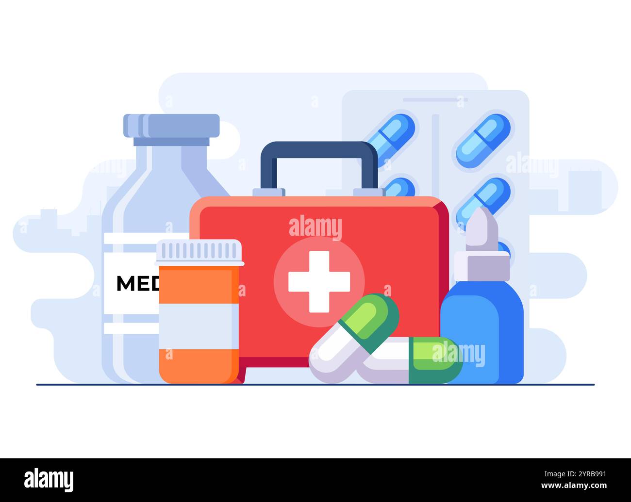 Medikationen flache Illustration Vektorvorlage, medizinische Medikamente, Tabletten, Kapseln, verschreibungspflichtige Flaschen, Apotheke, Gesundheitswesen und Krankenversicherung Stock Vektor