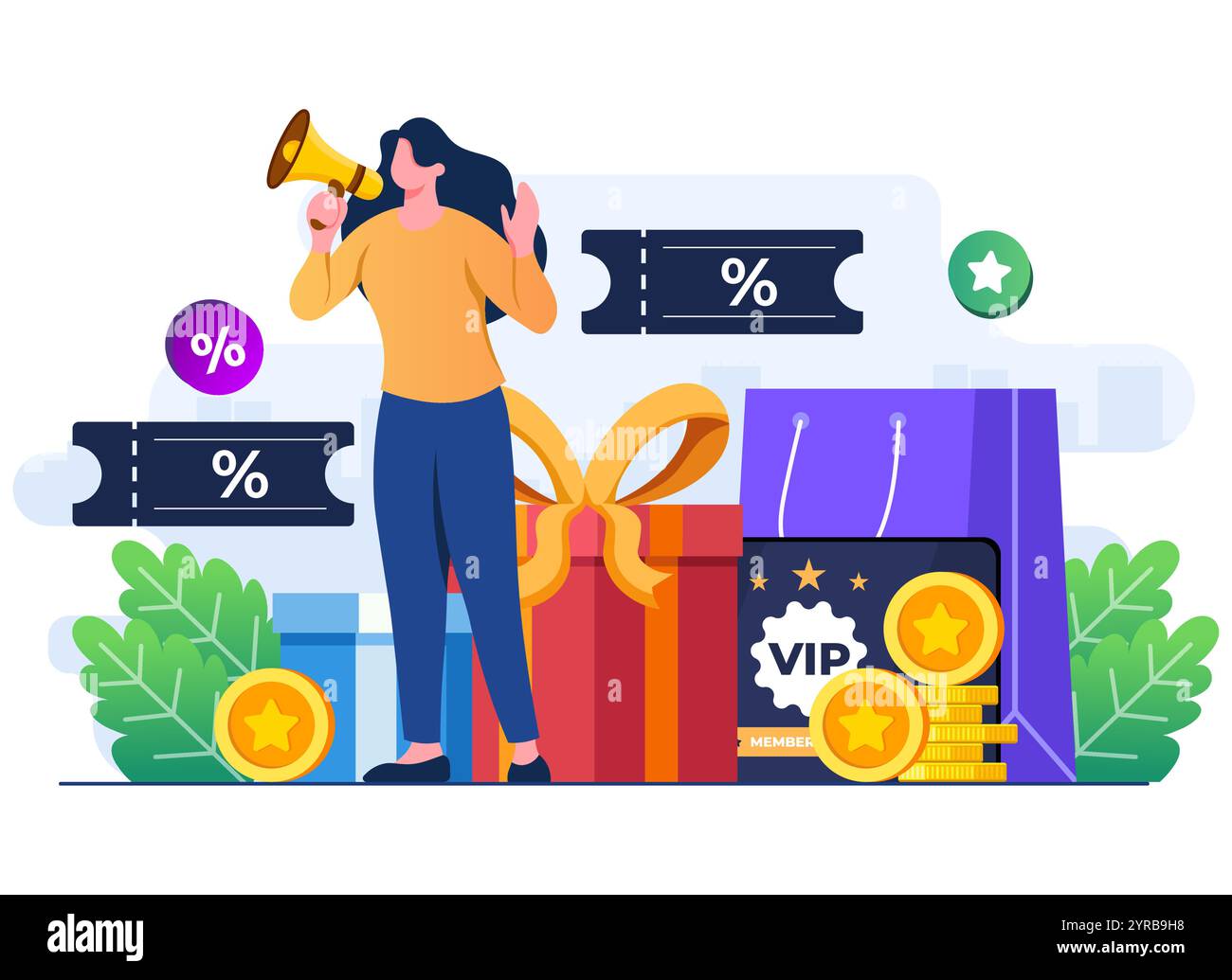 Werbecode Kampagnenkonzept flache Illustration Vektorvorlage, Online- oder Offline-Shopping, Promotion, Bonus, Frauenfigur, die große Promotion ankündigt Stock Vektor