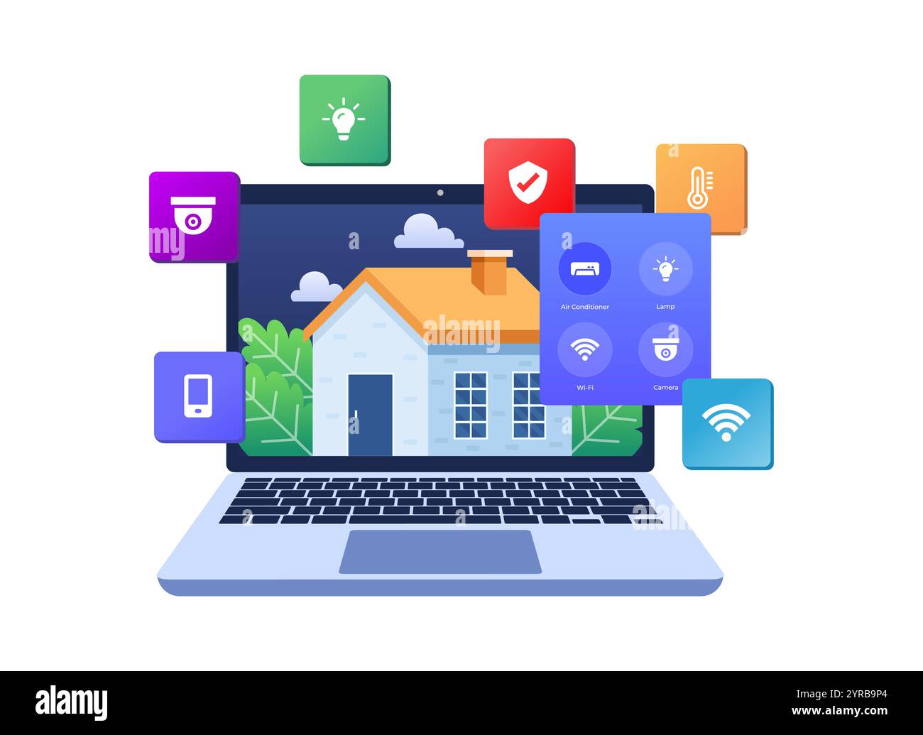 Smart Home Anwendungskonzept flache Illustration, Heimautomatisierung, Steuerung von Hausgeräten mit Laptop, Fernbedienungstechnologie, Haustechnik Stock Vektor