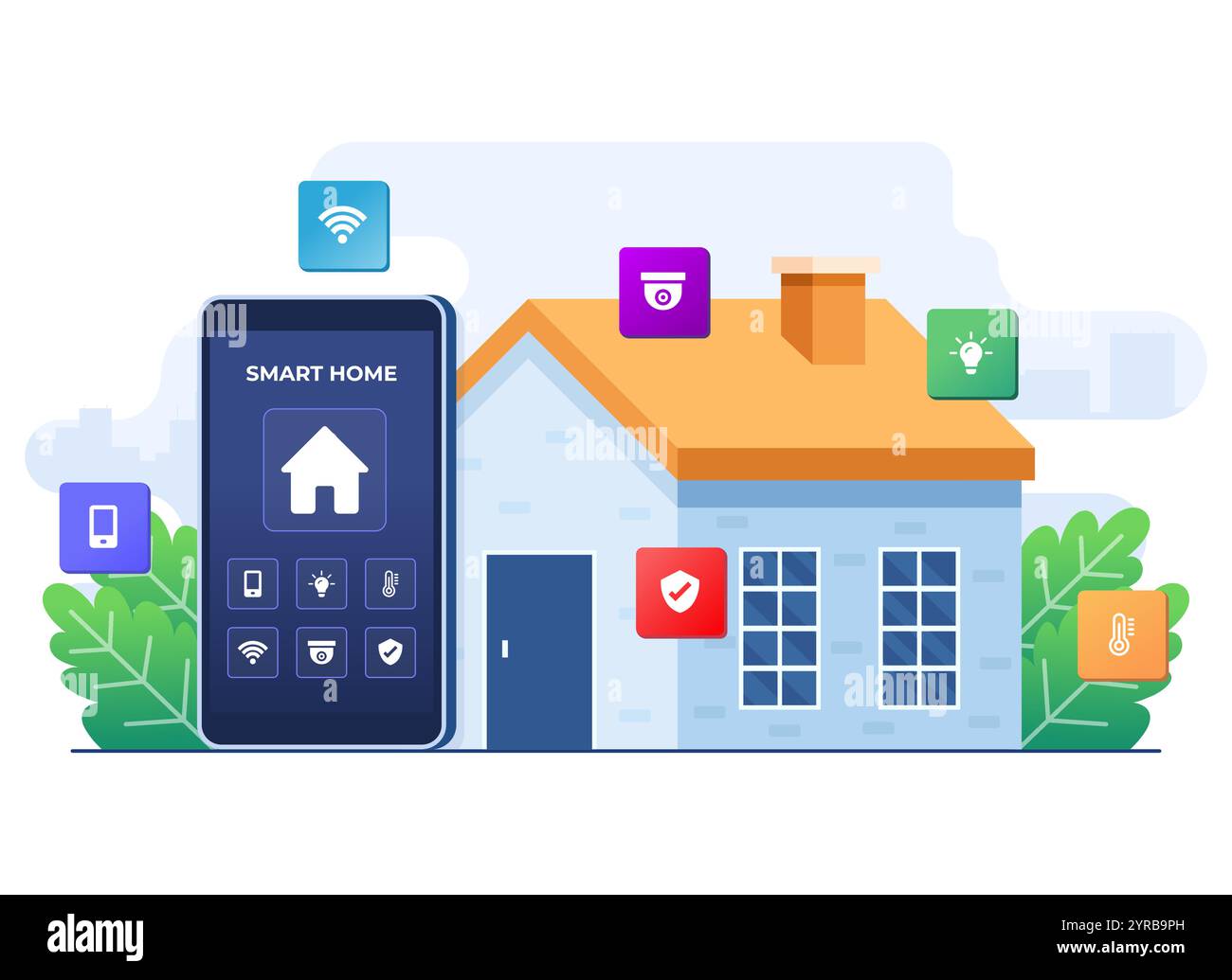 Smart Home Anwendungskonzept flache Illustration, Home Automation, Steuerung von Hausgeräten über Smartphone, Remote Home Control Technologie, Haus t Stock Vektor