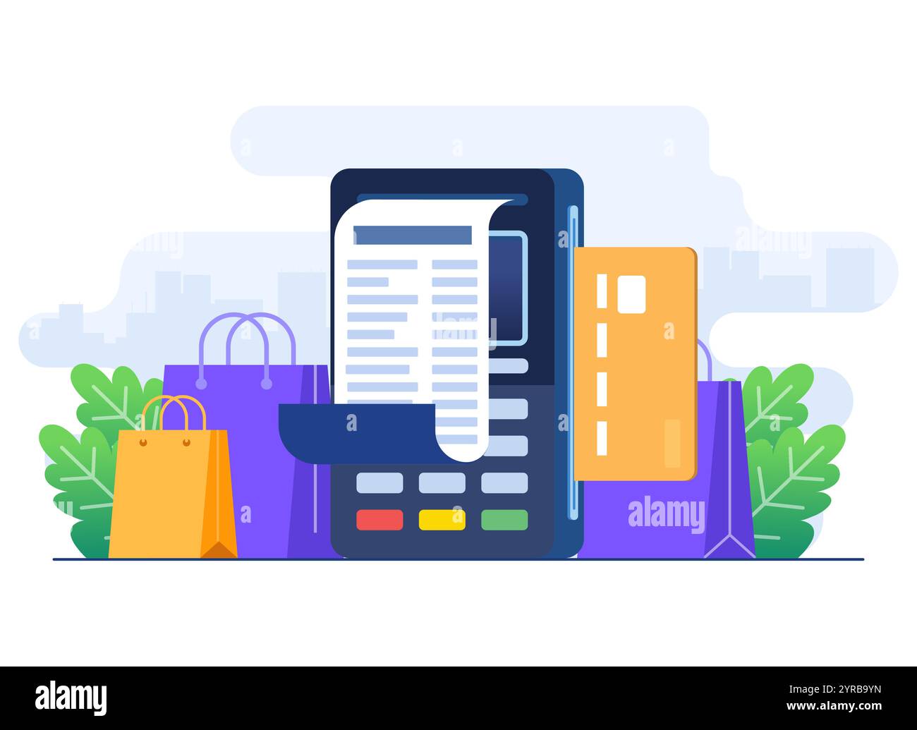 NFC-Zahlungskonzept flache Illustration Vektorvorlage, POS-Terminal bestätigt die Zahlung per Debitkarte, Rechnung, Einkaufskonzept, Zahlungsgerät, CR Stock Vektor