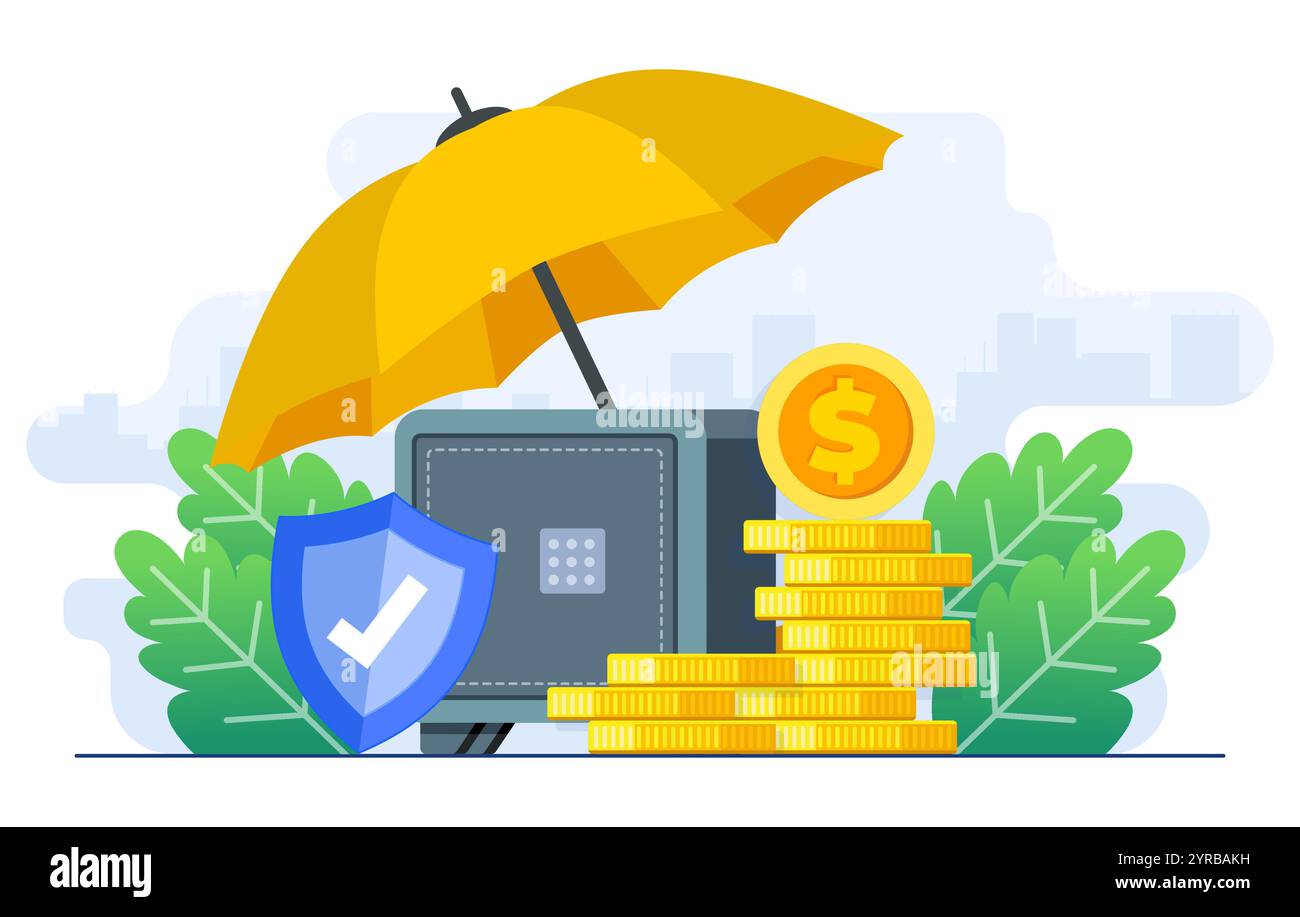 Finanzversicherung, Geldschutz, sicheres Cash Investment Konzept flache Illustration, Treuhandgarantien, risikoarme Investitionen, Wertschutz Stock Vektor