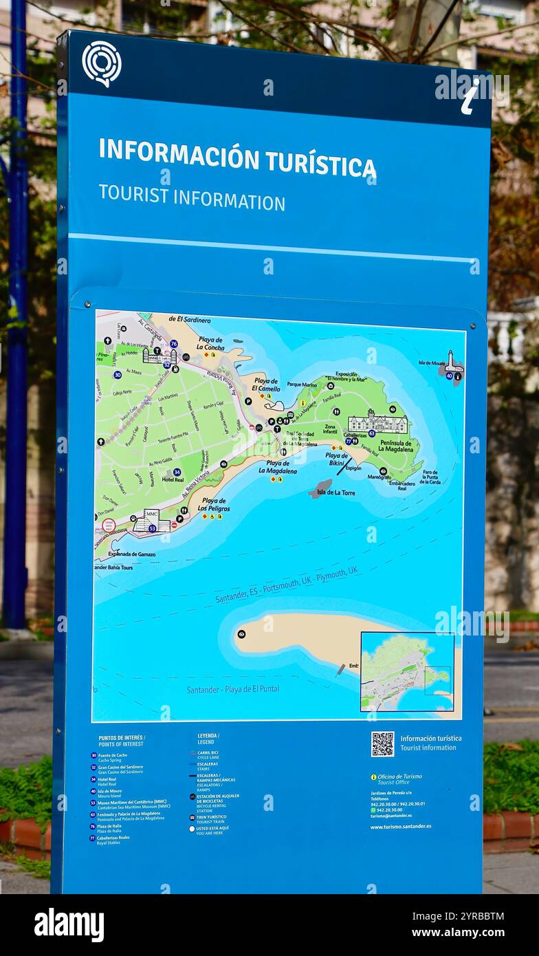 Touristeninformation Karte und Liste der Sehenswürdigkeiten in Sardinero und der Magdalena Halbinsel Santander Kantabrien Spanien Europa Stockfoto