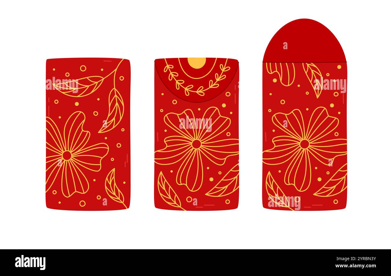 Angpao-rote Umschläge, Vorder- und Rückansicht. Öffnen und schließen. Hongbao-Vektor isolierte Elemente. Asiatischer festlicher Umschlag mit kompliziertem Blumenschmuck Stock Vektor