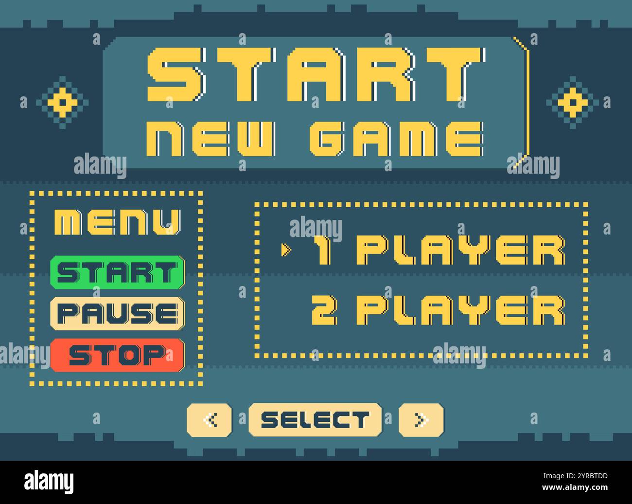 Spiel-Menü starten. Pixel Art-Konsole. Armaturenbrettanzeige. 8-Bit-Arcade-Player. Schriftart für die Benutzeroberfläche für Videospiele. Retro-Computergrafik. GUI-Bereich Stock Vektor