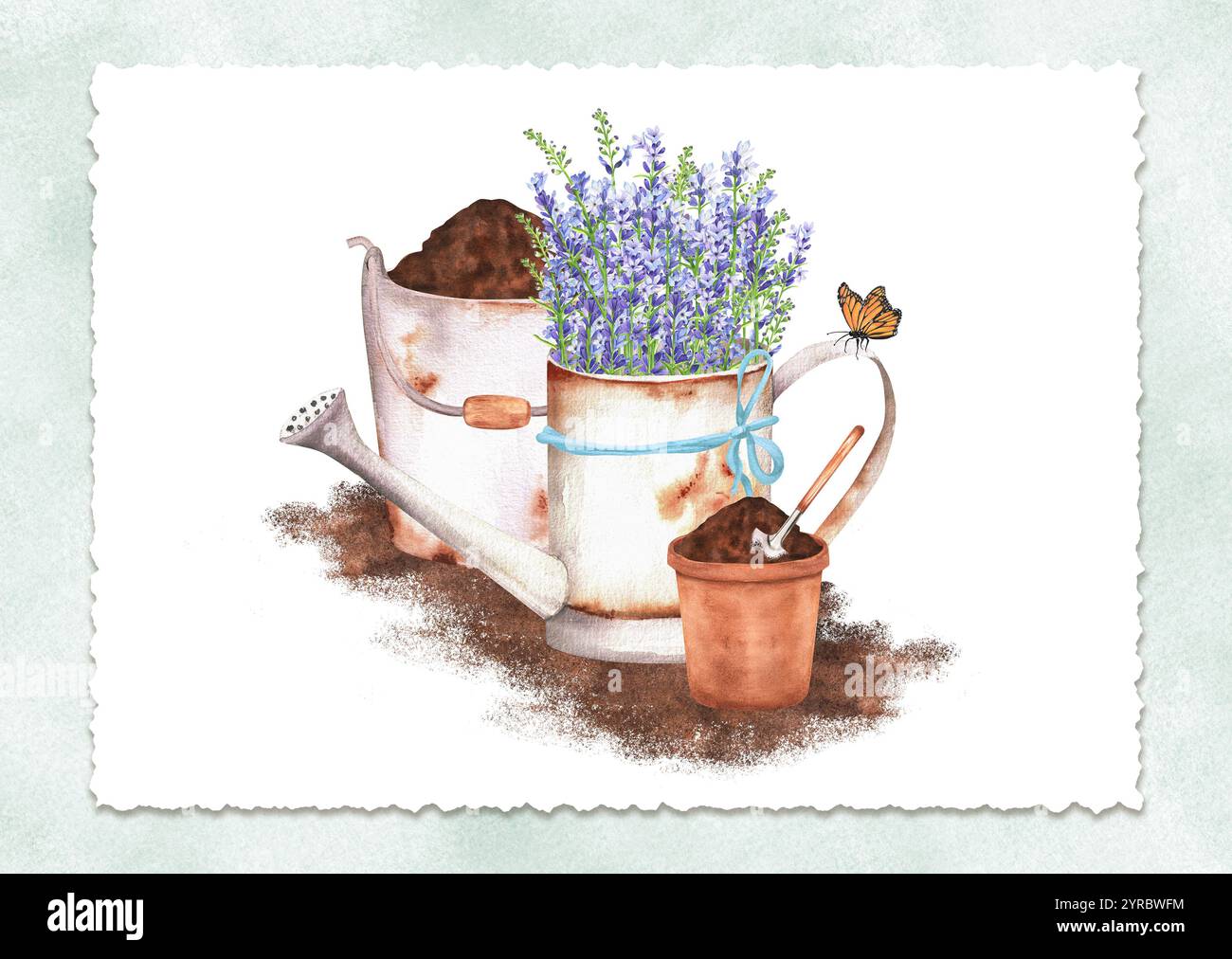 Fertige Postkarte mit grauem Aquarellmuster, zerrissenem Papier, Waschdose mit Lavendel, Eimer und Blumentopf mit Erde. Gartenclipart. Handgezeichnet wa Stockfoto