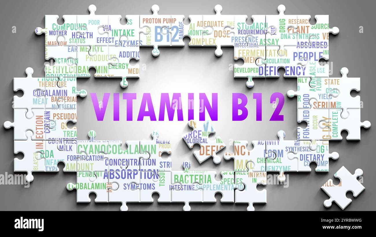 Vitamin B12 ist ein komplexes Thema, das mit anderen wichtigen Themen zusammenhängt. Stockfoto