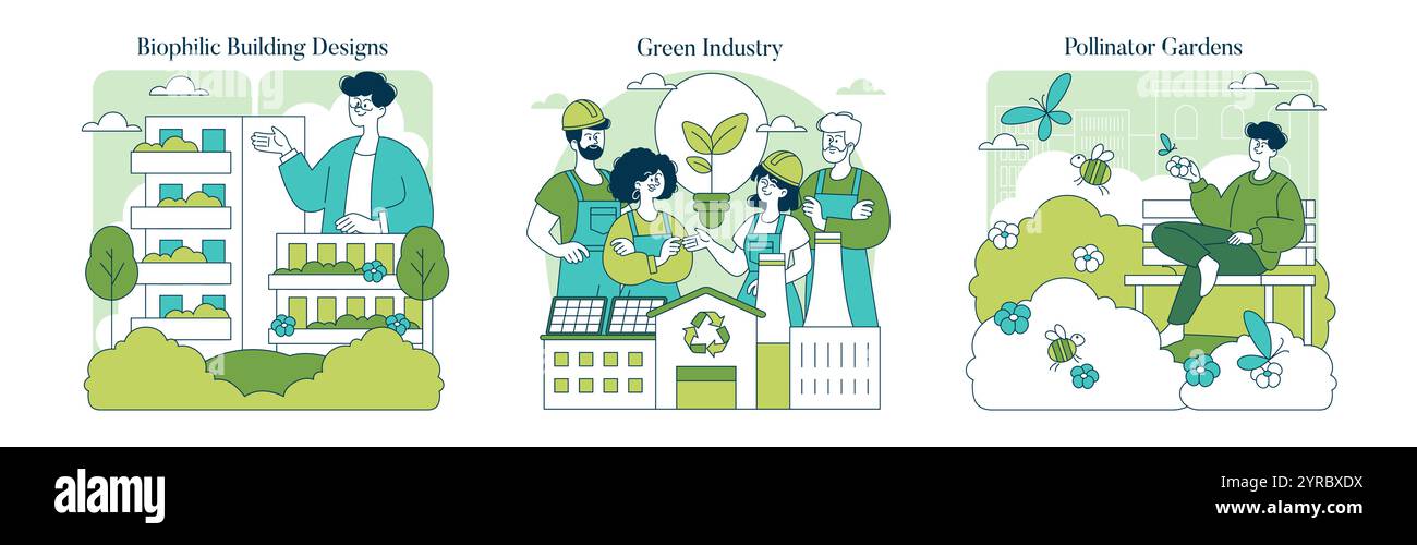 Green Infrastructure Set. Städtisches Ökodesign, nachhaltige Energie und Erhaltung der biologischen Vielfalt. Naturfreundliche Stadtkonzepte mit engagierten Menschen. Vektorabbildung. Stock Vektor