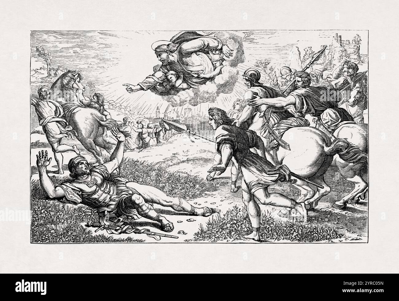 Ein Kupferstich, der Saul zeigt, der nach Damaskus geht, um die Christen zu verfolgen, wird vom Herrn von seinem Pferd geworfen. Er ist bekehrt und wird zum Heiligen Paulus. Stockfoto