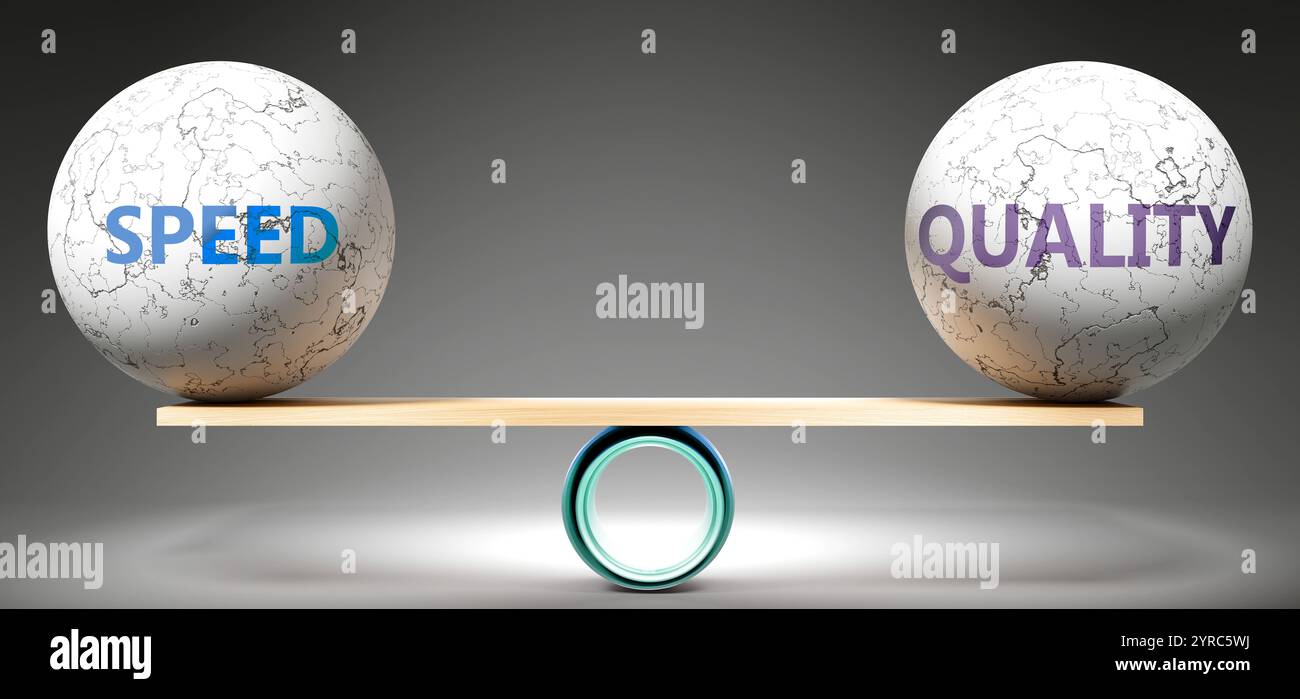 Geschwindigkeit und Qualität im Gleichgewicht. Eine Metapher, die Geschwindigkeit im Gleichgewicht mit Qualität zeigt und die gewünschte Harmonie zwischen ihnen symbolisiert. Stabilität. Harmonisch Stockfoto