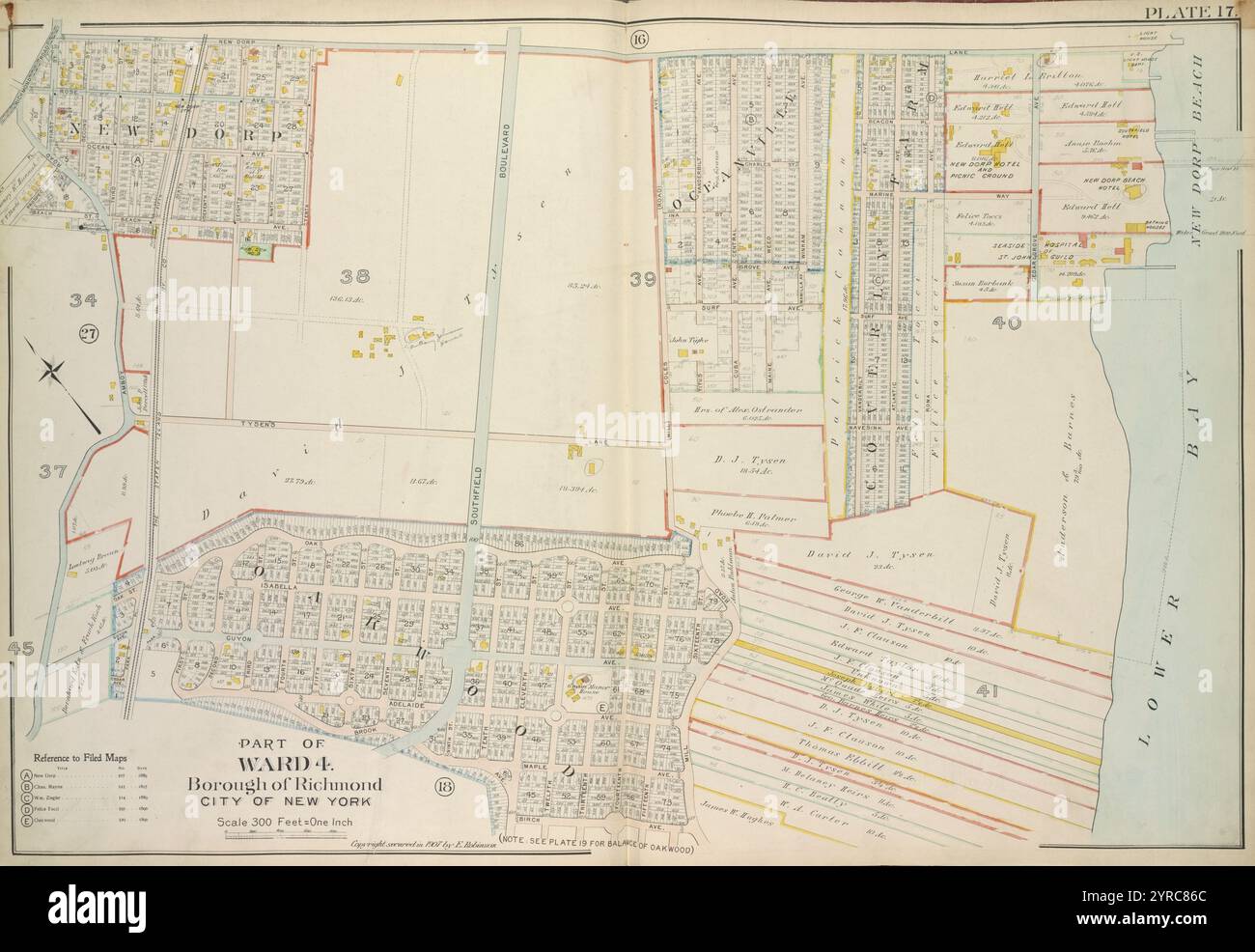 Plate 17, Teil von Ward 4: [Karte gebunden durch New Dorp Lane, New Dorp Beach, Lower Bay, Birch Ave, Brook Ave, Amboy Road, Richmond Road] 1907 von Robinson, E. (Elisha) Stockfoto