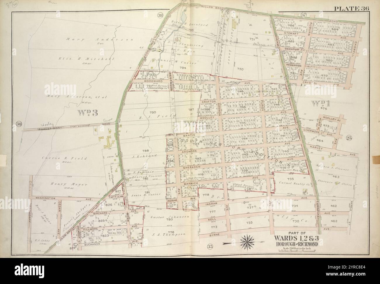 Plate 36, Teil der Wards 1, 2 & 3 [Karte gebunden durch Forest Hill Road (Fort Richmond), Willow Brook Road (Gun Factory RD), Caswell Ave, Harvey Ave, Marble St, Byrne Ave, Buchanan Ave, Delmont St, Cedar Ave, Washington Ave, Broadway] 1917 von Bromley, George Washington Stockfoto