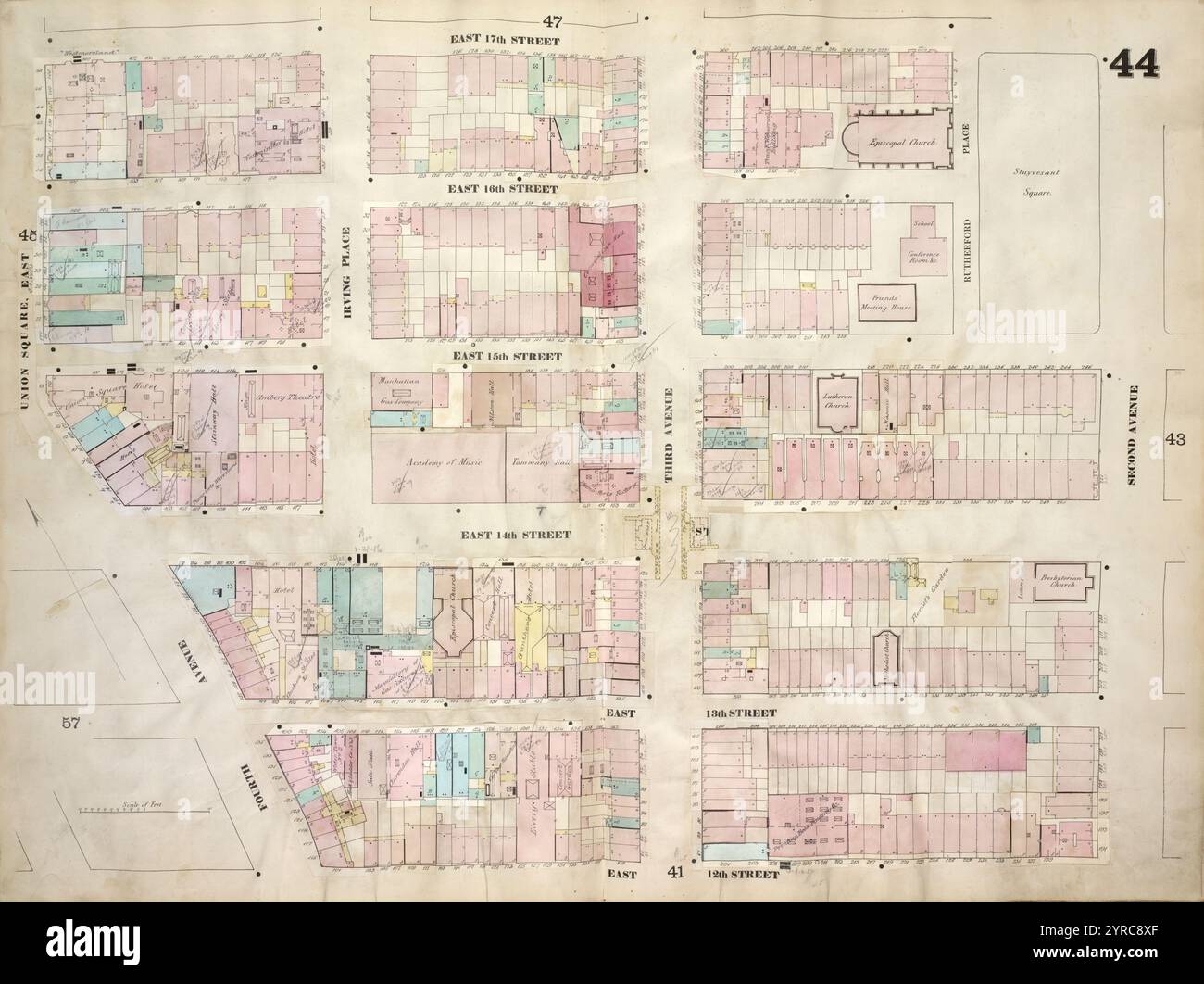 Karte begrenzt durch East 17th Street, Second Avenue, East 12th Street, Fourth Avenue, Union Square East; einschließlich East 16th Street, East 15th Street, East 14th Street, East 13th Street, Irving Place, Third Avenue, Rutherford Place, Plate 44 1868 Stockfoto