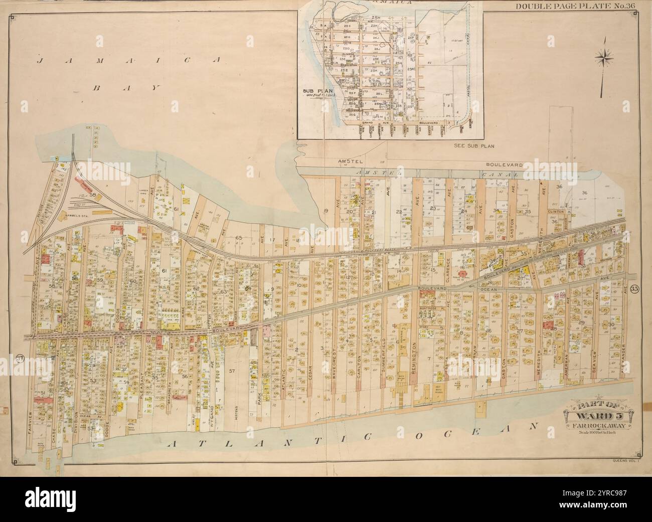 Queens, Vol. 1, Double Page Plate No. 36; Sub Plan; [Karte begrenzt durch Isabel Ave., Amstel Canal; einschließlich Grand Ave., Boulevard.]; Teil von Ward 5; Farrockaway; [Karte begrenzt durch Amstel Boulevard, Alexander Ave., Seaview Ave., Amerman Ave., Meredith Ave., Gaston Ave., Vernam Ave., Jessica Ave., Remington Ave., Summerfield Ave., Carlton Ave., Wavecrest Ave.; Einschließlich Cedar Ave., Atlantic Ave., Park Ave., Mertens PL., Wygand Ave., Kieley Ave., Brandreth Ave., Pleasant Ave., Dodge Ave., Ocean Ave., Division Ave., Chase Ave., Fairview Ave., Bayside PL.] 1907 Stockfoto