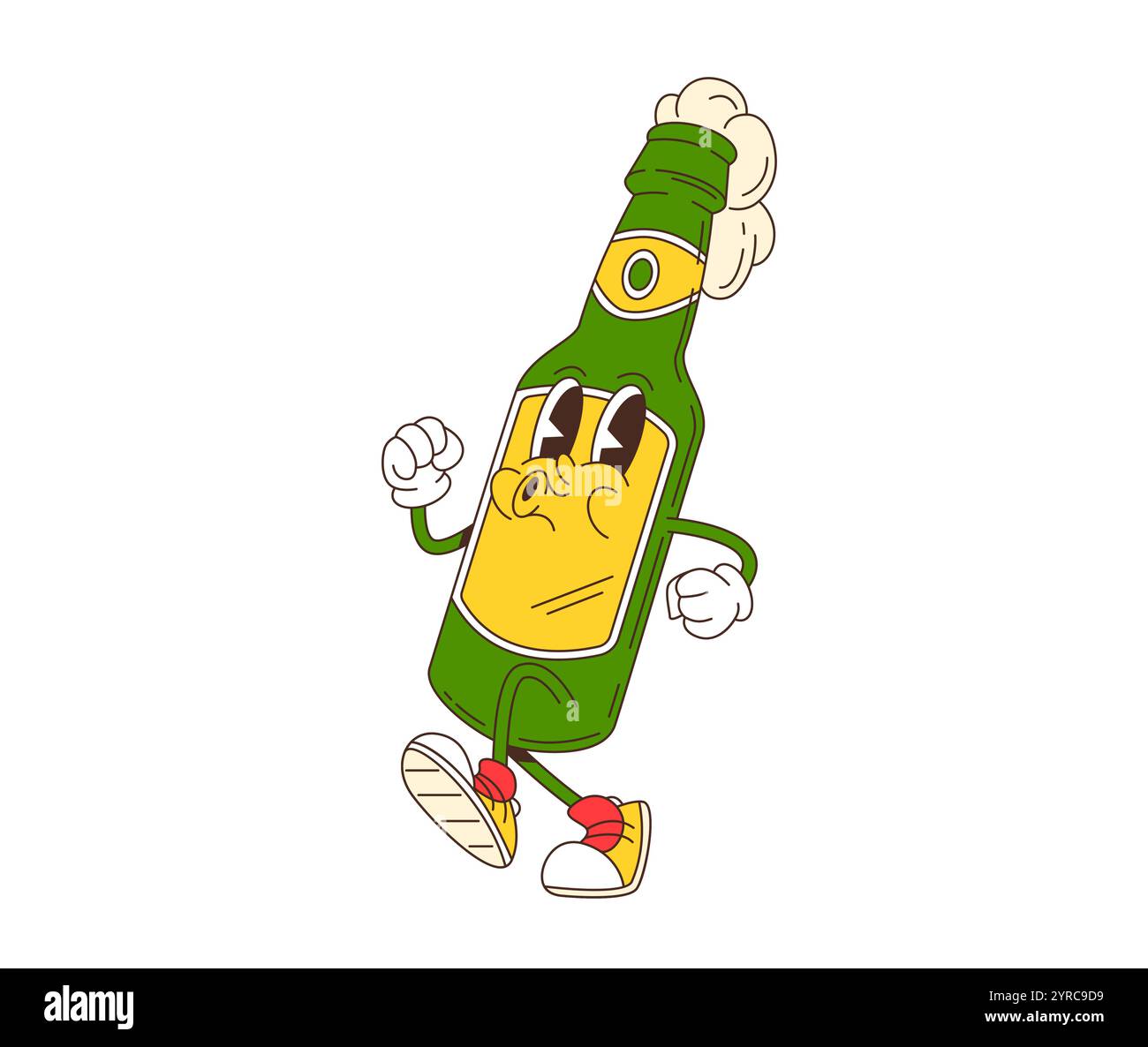 Cartoon-Retro-groovige Bierflaschenfigur. Isolierter Vektor lebhafter Glaskolben mit schaumigem Getränk und sorgloser Stimmung, die eine funky Atmosphäre ausstrahlt. Lustige Alkoholgetränk Persönlichkeit strahlt Freude und verspielten Geist aus Stock Vektor