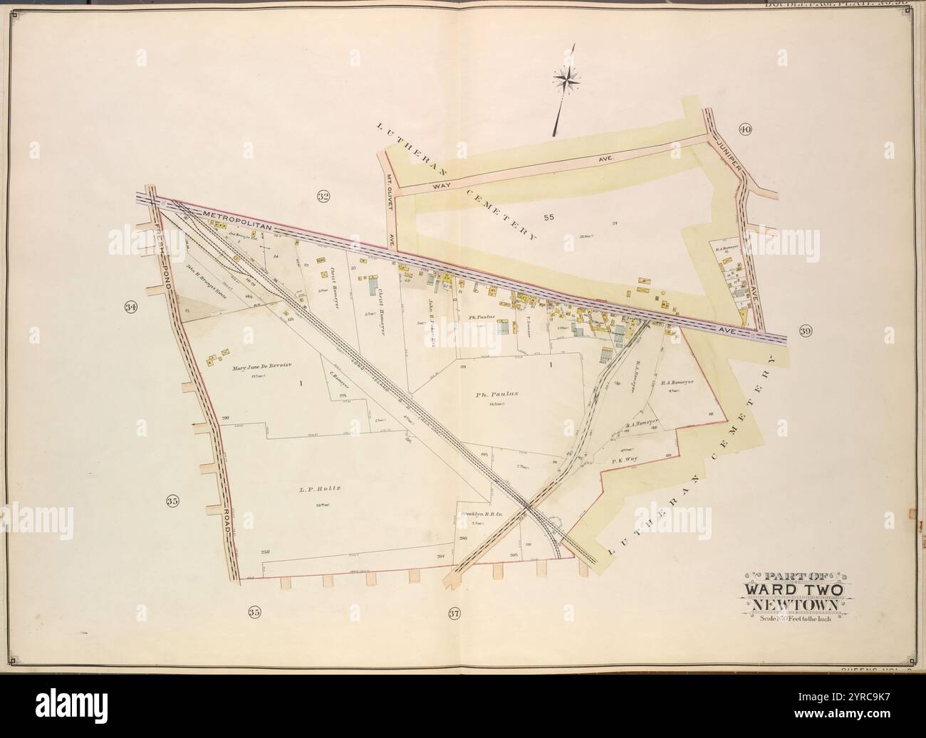 Queens, Vol. 2, Double Page Plate No. 38; Part of Ward Two Newtown; [Karte begrenzt durch Mt. Olivet Ave., Way Ave., Juniper Ave.; Einschließlich Metropolitan Ave., Fresh Pond Road.] 1908 - 1912 Stockfoto