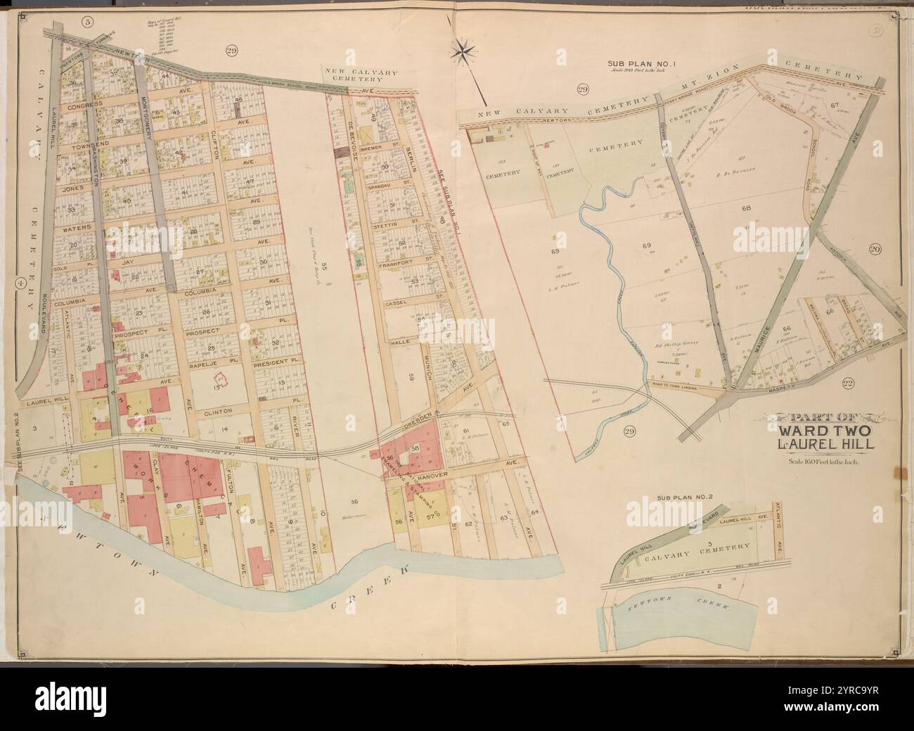 Queens, Vol. 2, Double Page Plate No. 21; Part of Ward Two Laurel Hill; [Karte begrenzt durch Newtown Ave., Berlin Ave., Newtown Creek; einschließlich Laurel Hill Ave., Laurel Hill Boulevard]; Sub Plan No. 1; [Karte begrenzt durch Newtown Ave., Maurice Ave., Old Brook School Road, Astoria Ave.; einschließlich Maspeth Ave., Calamus Creek, Maspeth Creek]; Unterplan Nr. 2; Laurel Hill Boulevard, Laurel Hill Ave., Atlantic Ave., Newtown Creek] 1903 Stockfoto