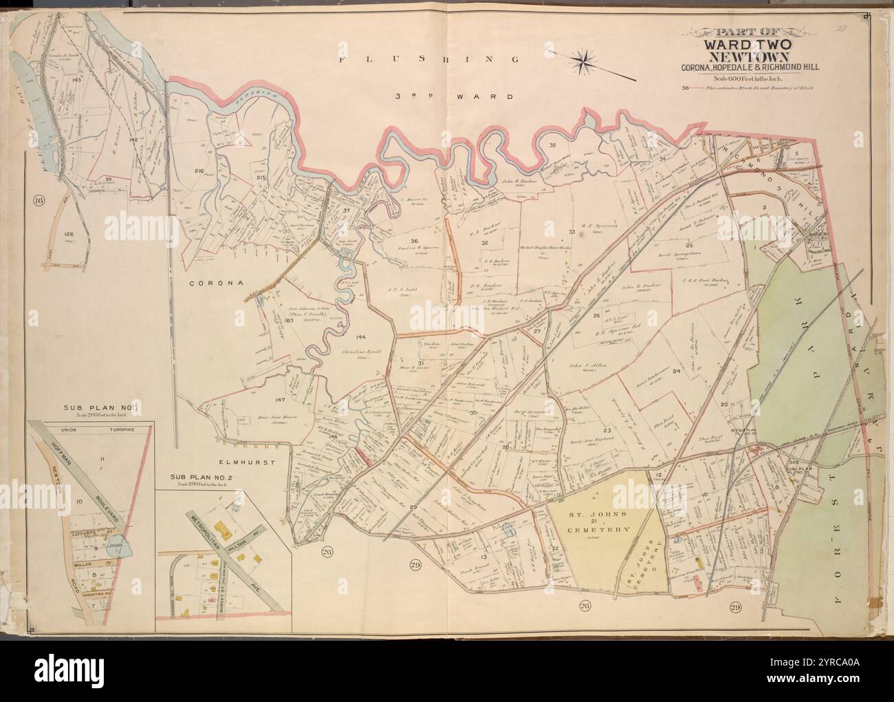 Queens, Vol. 2, Double Page Plate No. 28; Teil von Ward Two Newtown, Corona, Hopedale und Richmond Hill; Karte begrenzt durch Flushing Creek, Old Town of Jamaica und Newtown, Grenzlinie zwischen Jamaica und Newtown, Dry Harbor Road, Tratting Course Lane, Horse Brook Road; einschließlich Court St., Junction Ave., Grand Ave., Flushing und Newtown Turnpike, Lent AE., Park Ave., Jackson Causeway]; Unterplan Nr. 1; [Karte begrenzt durch Union Turnpike, Hoffman Boulevard, Newtown Road; Inclluding Lefferts Ave., Muller Ave., Augustina Ave.]; Unterplan Nr. 2; [Karte begrenzt durch Metropolitan Ave., Hillside Ave.; einschließlich Stockfoto