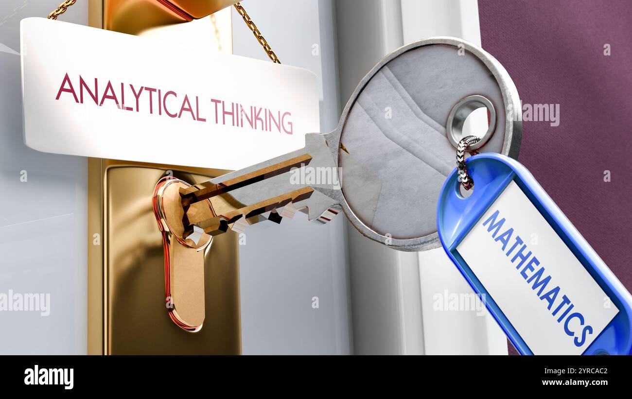 Mathematik führt zu analytischem Denken – sie ist ein Schlüssel, um analytisches Denken zu aktivieren. Eine Metapher des Türschlüssels Stockfoto