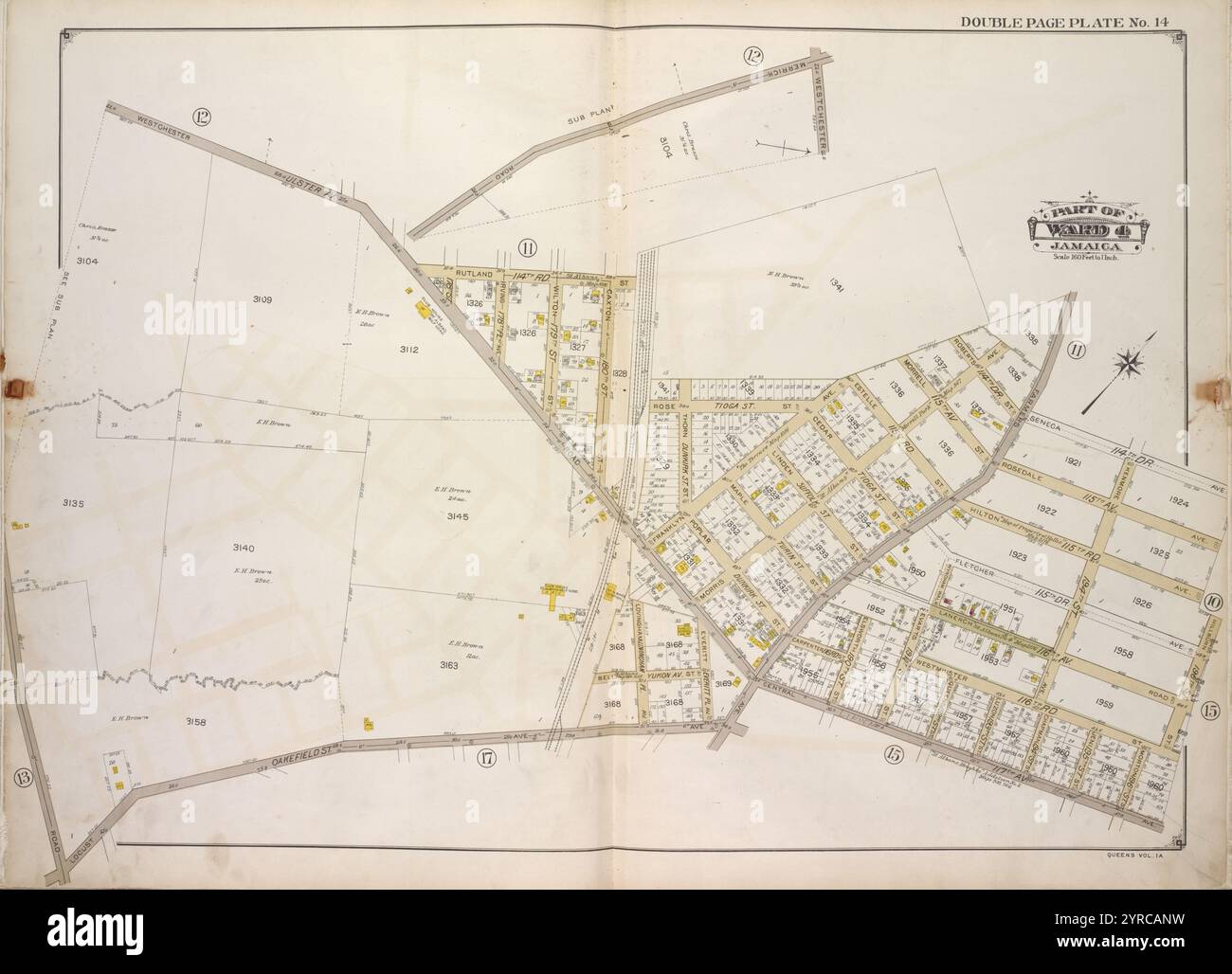 Queens, Vol. 1A, Double Page Plate No. 14; Teil von Ward 4 Jamaica. [Karte begrenzt durch 114th Rd., 196th St., 117th Ave., Locust Ave.] Unterplan; [Karte begrenzt durch Merrick Rd.] 1918 Stockfoto