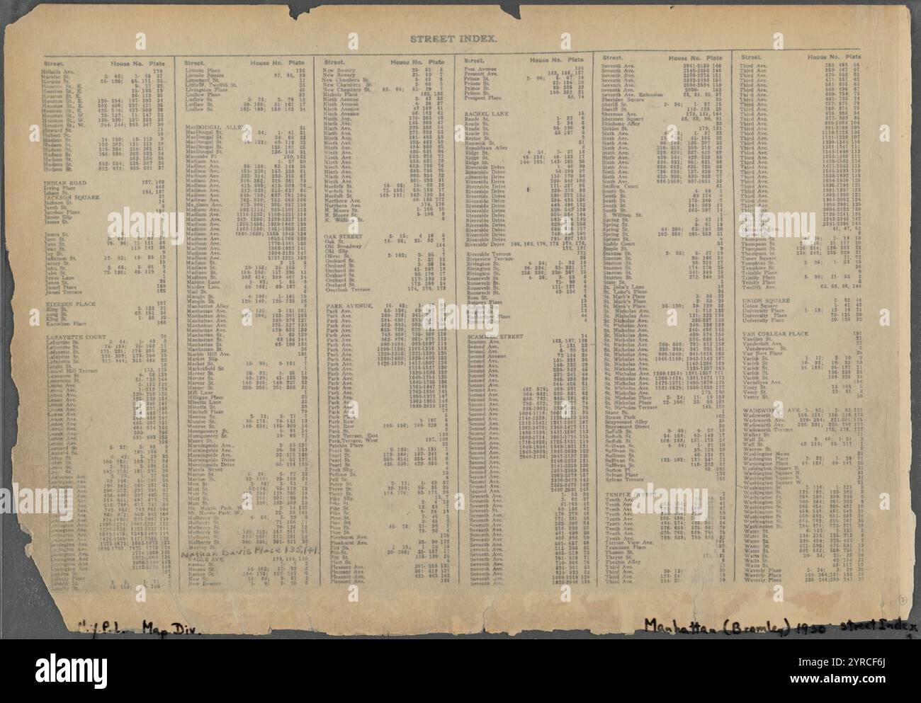 Street Index: [Hillside Avenue - Waverly Place] 1930 Stockfoto