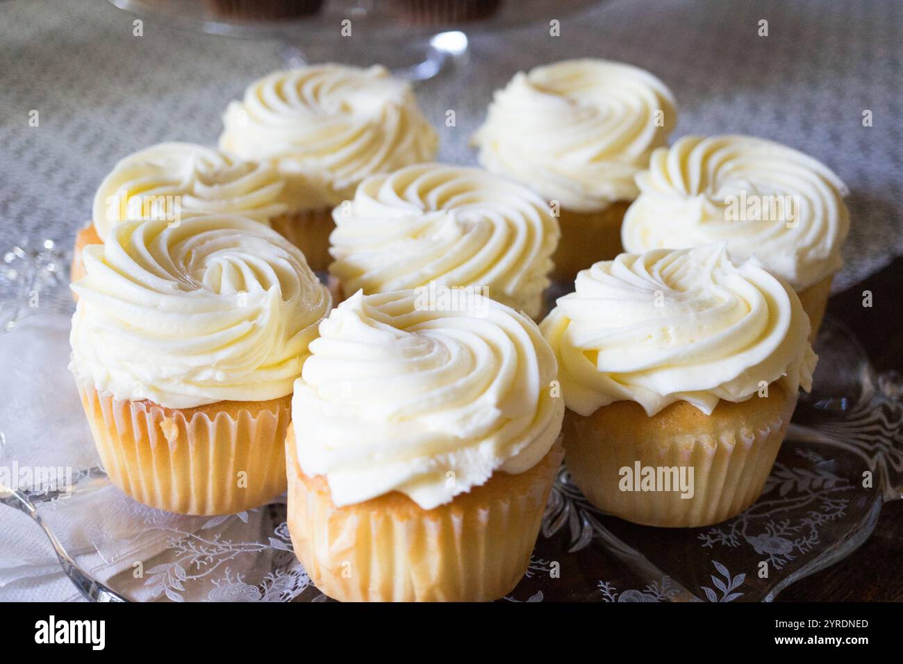 Köstliche Vanilla Cupcakes mit cremigem Swirl-Frosting auf einer dekorativen Platte Stockfoto