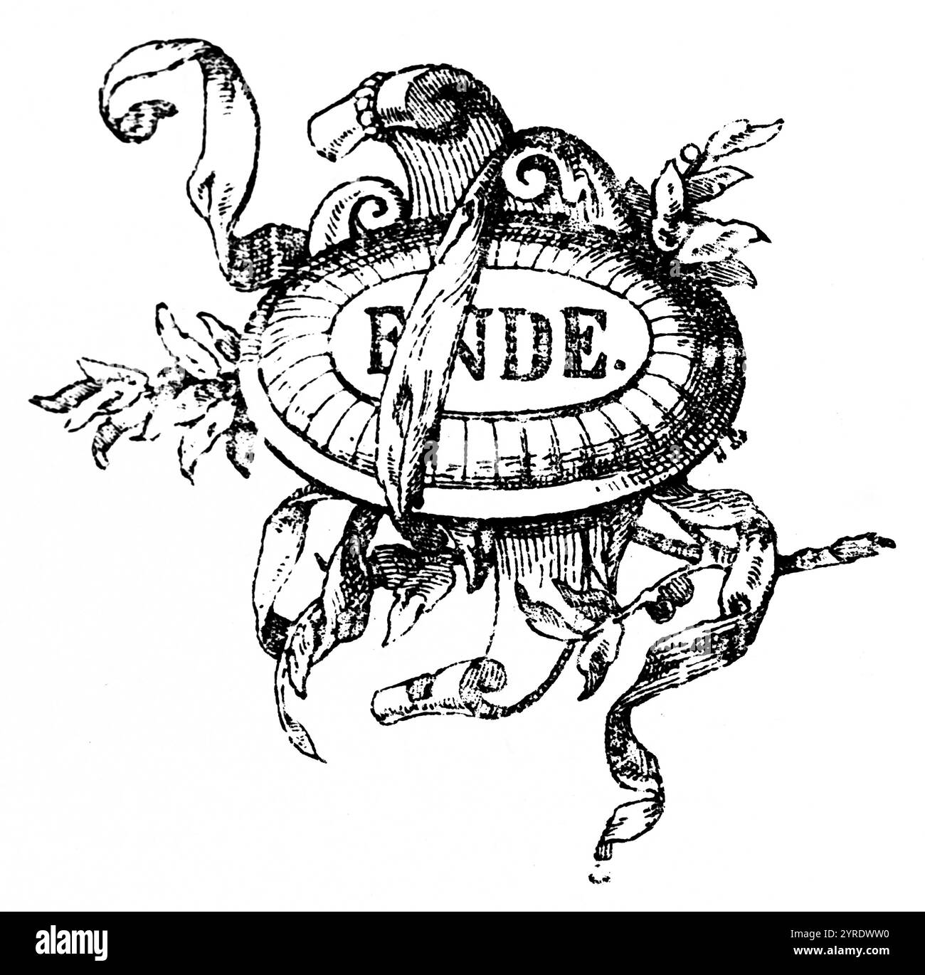 Finis oder das Ende des Buches, Inschrift in einem ovalen Rahmen, Blätter und Bögen als Ornamentik, historische Illustration 1882 Stockfoto