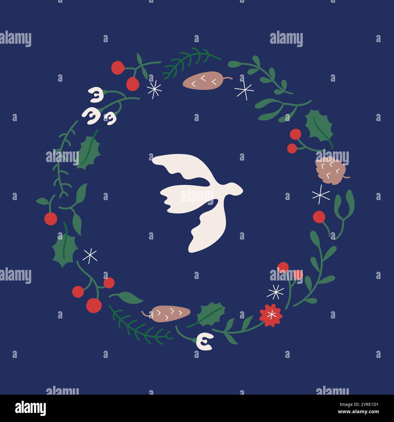 Winter Frieden Weihnachtskranz Komposition mit Tannenzweigen, Taube, Beeren, Blumen. Netter einfacher Vektorhintergrund für Karte, Fahne, Feiertagseinladung. Stock Vektor