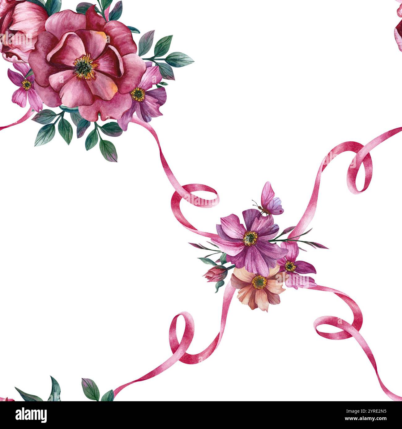 Nahtloses Blumenmuster mit rosa Pfingstrose, Blättern und Band. Isolierte Illustration mit Aquarell auf weißem Hintergrund. Für Geschenkpapier, Geschenkbox für AA Stockfoto