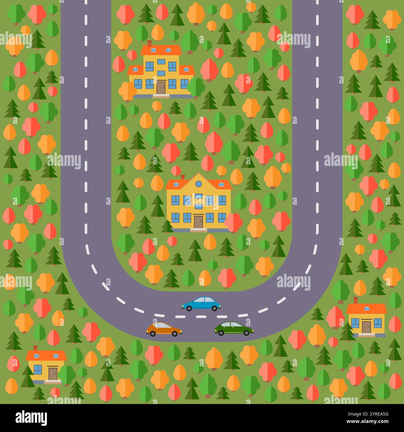 Plan des Dorfes. Landschaft mit Straße, Wald, Autos und Häusern. Vektorabbildung Stock Vektor