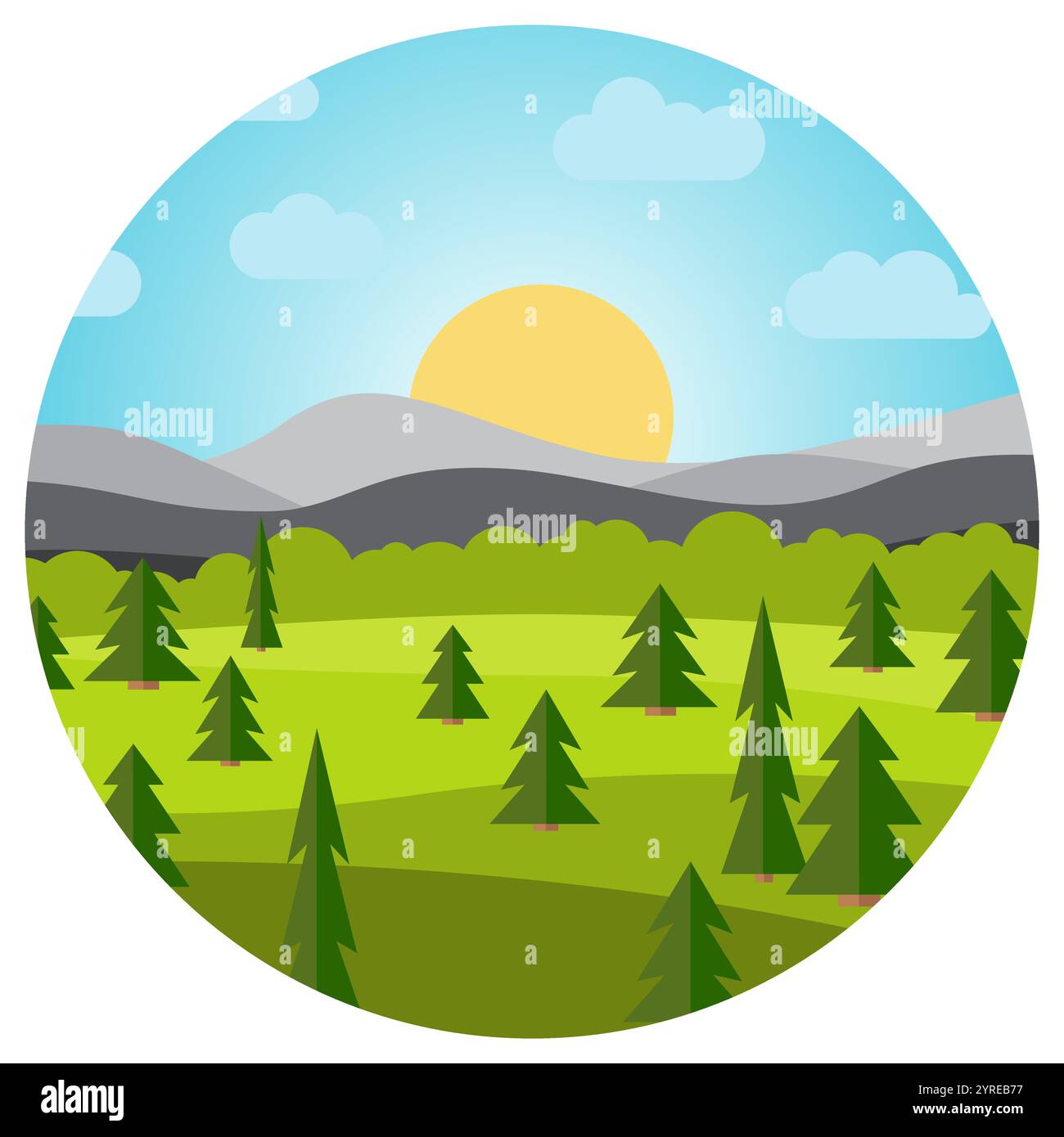Vektorlandschaft mit Feldern und Bäumen und Bergen im Kreis. Am frühen Morgen mit dem Sonnenaufgang am Horizont. Vektorabbildung. Stock Vektor