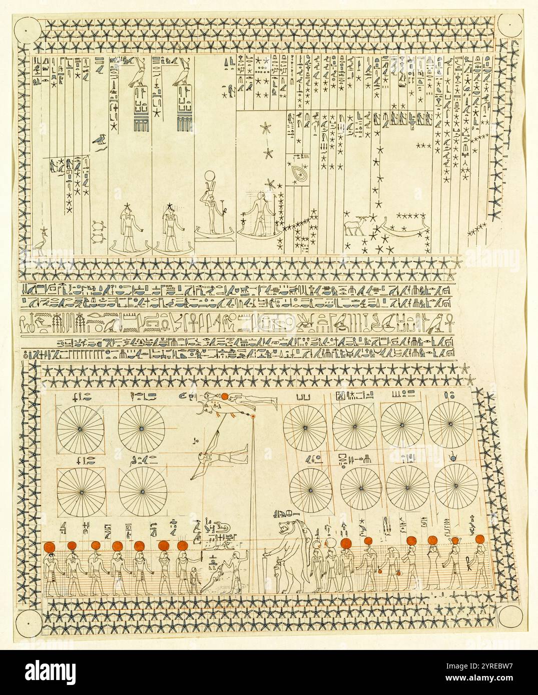 Die astronomische Decke aus dem Senenmut-Grab, die von dem britischen Archäologen Charles K. Wilkinson (1897–1986) der ägyptischen Astronomie-Karten, Götter, Himmelsdiagramme und Hieroglyphen- und Sternmuster auf dem Grab stammt aus der XVIII-Dynastie des alten Ägypten (ca. 1479–1458 v. Chr.). Stockfoto