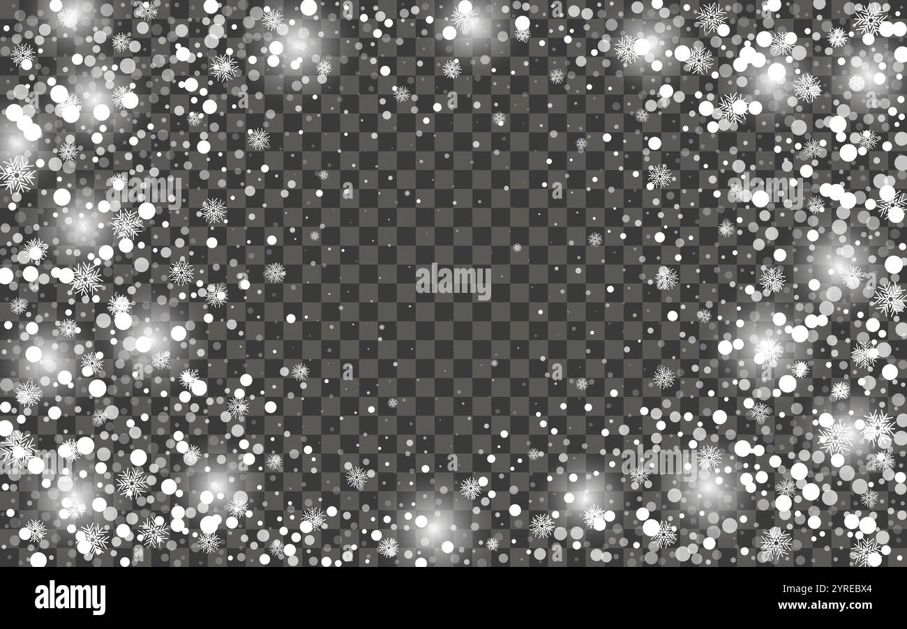 Schneefall und fallende Schneeflocken auf dunklem transparentem Hintergrund. Weiße Schneeflocken und Weihnachtsschnee. Vektorabbildung Stock Vektor