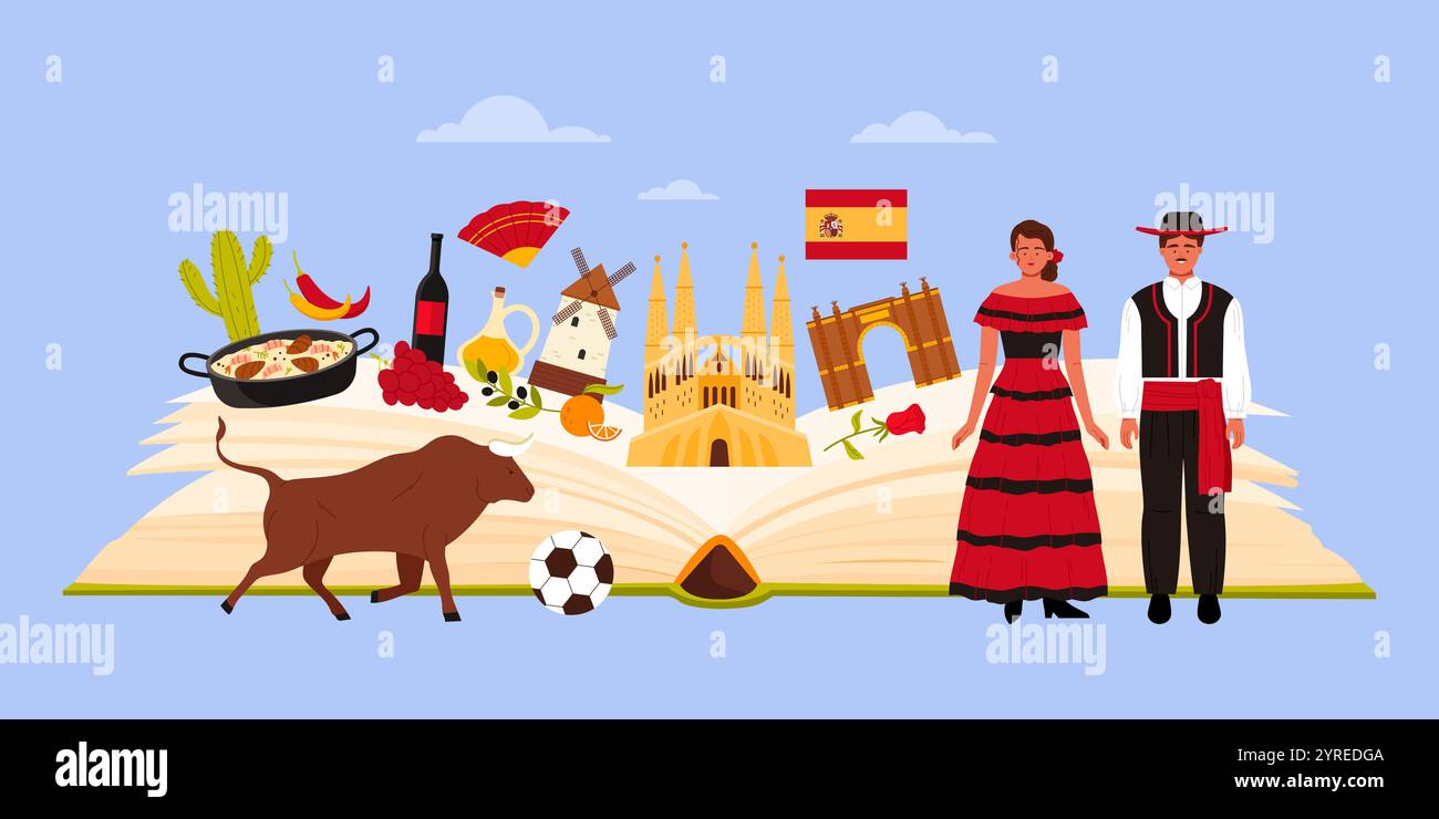 Reisen Sie nach Spanien, kulturelle Elemente, Speisen und Wahrzeichen der Landesstudie in Infografik-Collage-Banner mit großem offenem Reiseführer, Spaniern und Flagge, Sagrada Familia Comic Vektor-Illustration Stock Vektor