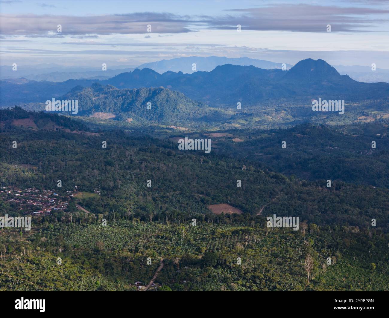 Weitläufiger Blick auf sanfte Hügel, die mit Grün bedeckt sind, mit Bergen in der Ferne an klaren Tagen. Stockfoto
