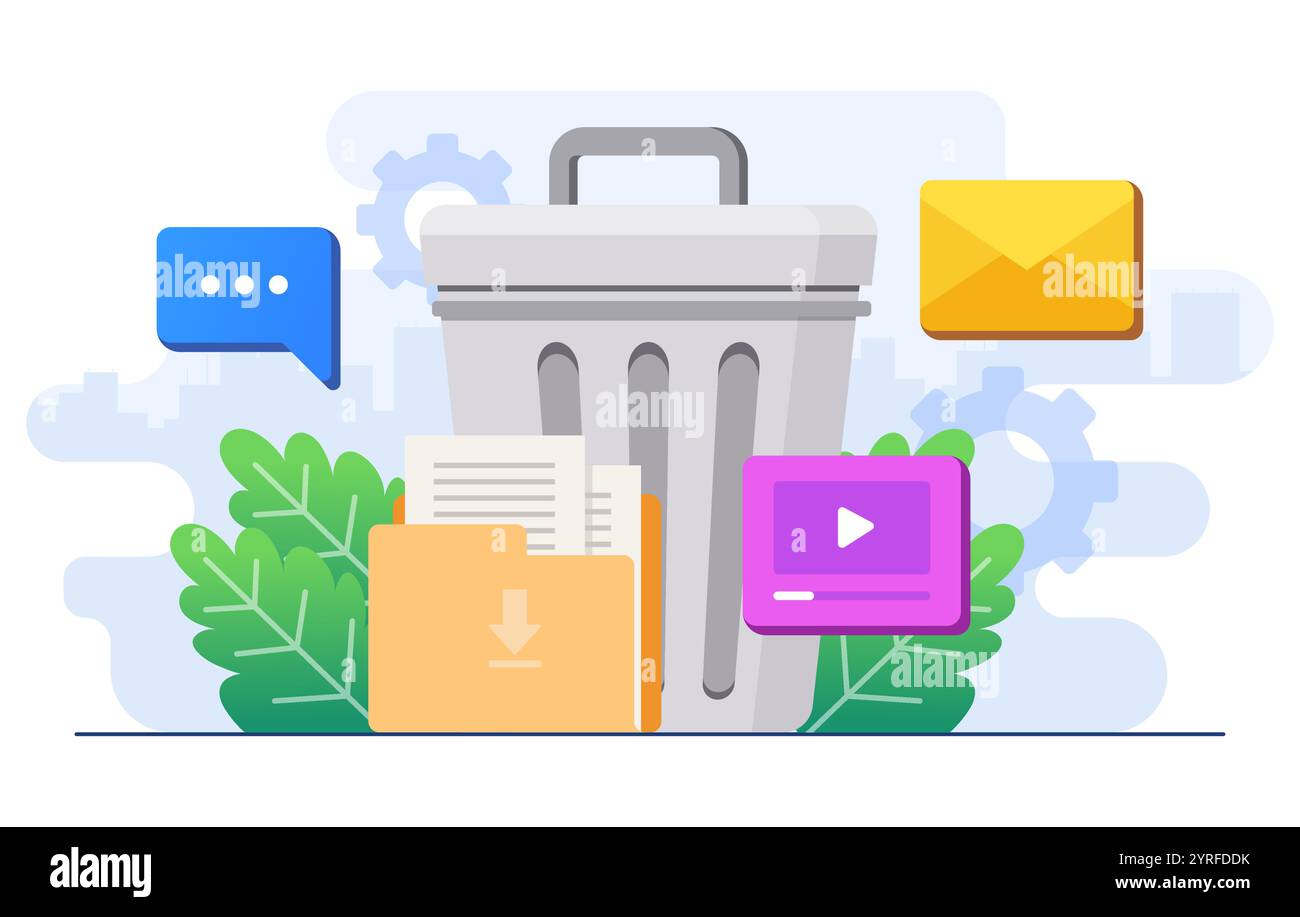 Löschen der Vektorvorlage für einfache Illustrationen von Konzepten, Löschen von Daten und Verschieben unnötiger Dateien in den Papierkorb, Bereinigen des digitalen Speichers, Löschen von Dokumenten in Stock Vektor