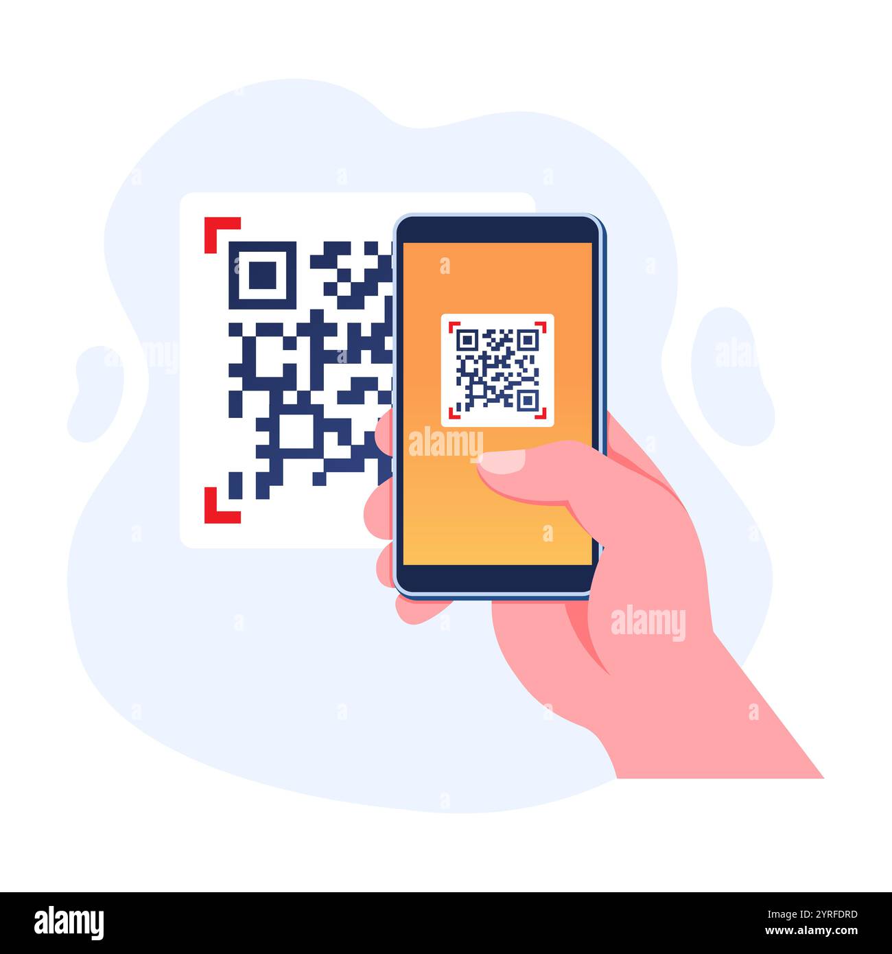 Hand hält Mobiltelefon beim Scannen QR-Code Konzept flache Illustration Vektorvorlage, digitale Scanner-App auf dem Bildschirm für Zahlung oder i Stock Vektor