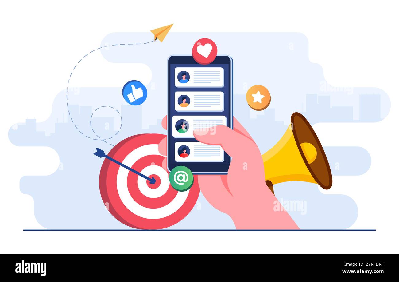 E-Mails an Freunde senden, Smartphone mit Kontaktliste auf dem Bildschirm halten, Freunde empfehlen, E-Mail-Marketing-Konzept flache Illustrationsvektor t Stock Vektor