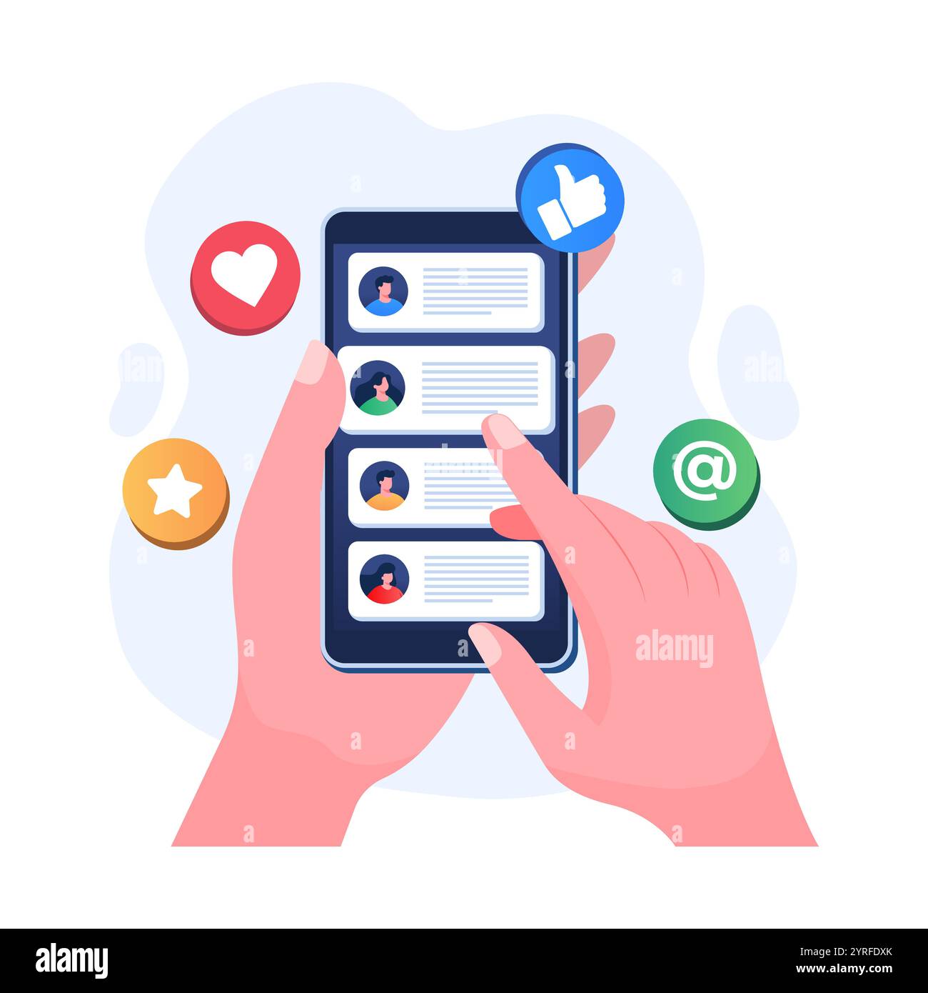 E-Mails an Freunde senden, Smartphone mit Kontaktliste auf dem Bildschirm halten, Freunde empfehlen, E-Mail-Marketing-Konzept flache Illustrationsvektor t Stock Vektor