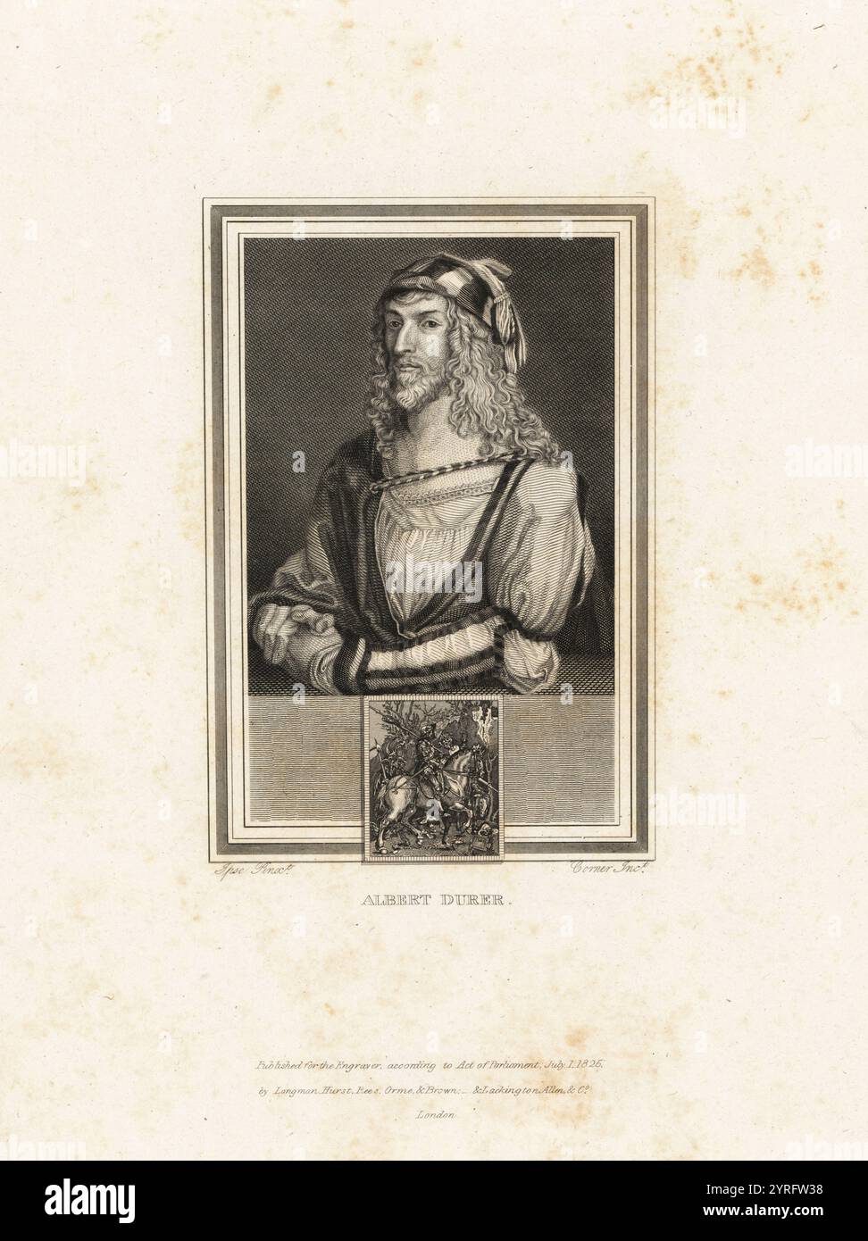 Selbstporträt von Albert Durer (1471-1528), deutscher Renaissanceszene, Geschichte und Porträtmaler. Dieses Porträt stammt aus dem Jahr 1498, als der Künstler 26 Jahre alt war. Mit Vignette von Ritter, Tod und Teufel. Stahlstich von John Corner aus „Porträts gefeierter Maler mit Medaillons aus ihren besten Leistungen“ 1825. Stockfoto