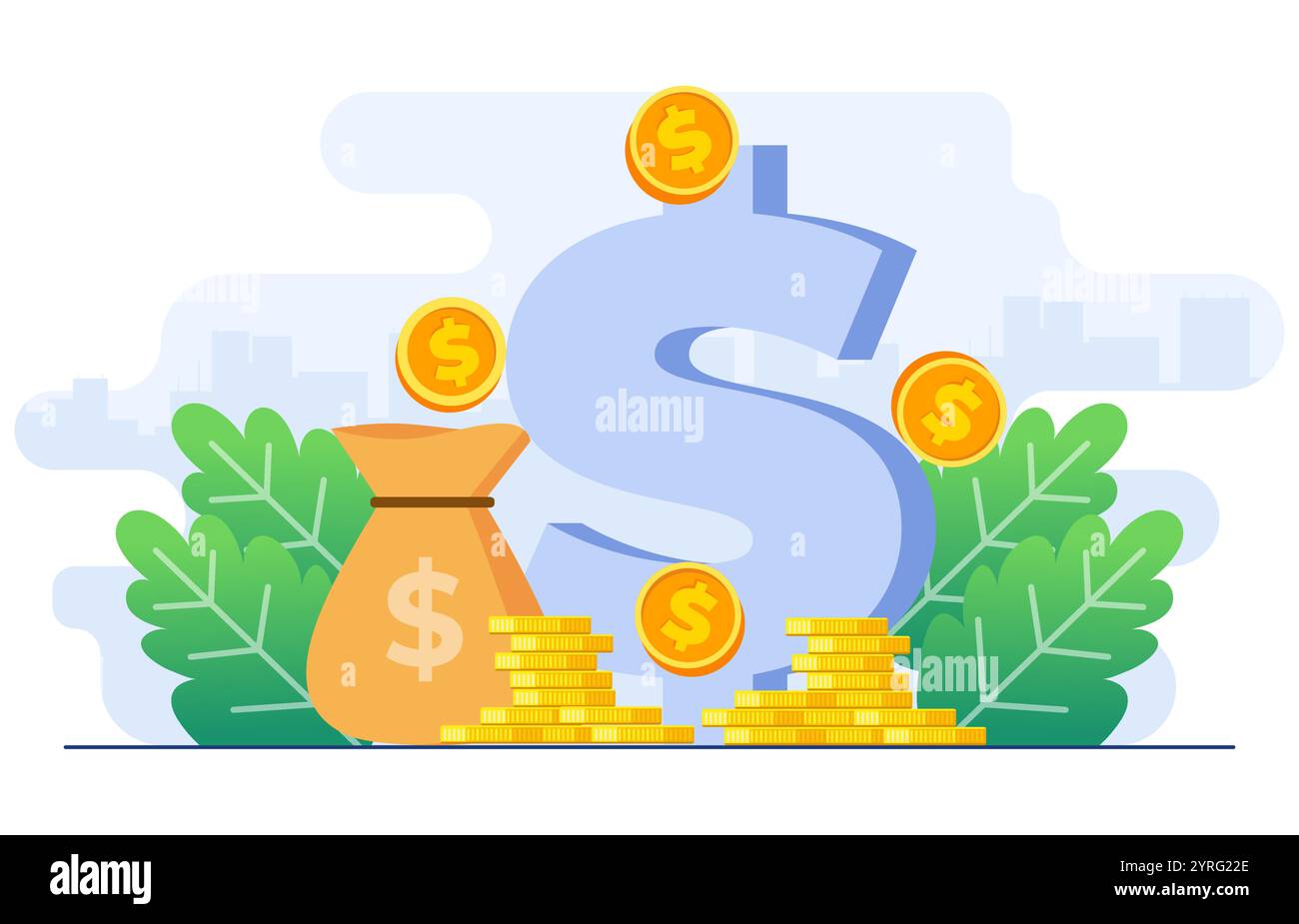 Verdienen, sparen und investieren Geld Konzept flache Illustration Vektor Vorlage, Geldbeutel, Dollarmünzen, Einzahlungskonto und Bargeld, Sparpuppe Stock Vektor